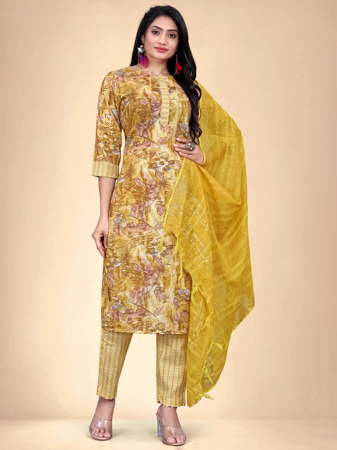 

Abhilasha Women Floral Printed Regular Kurta with Trousers & With Dupatta, Gold