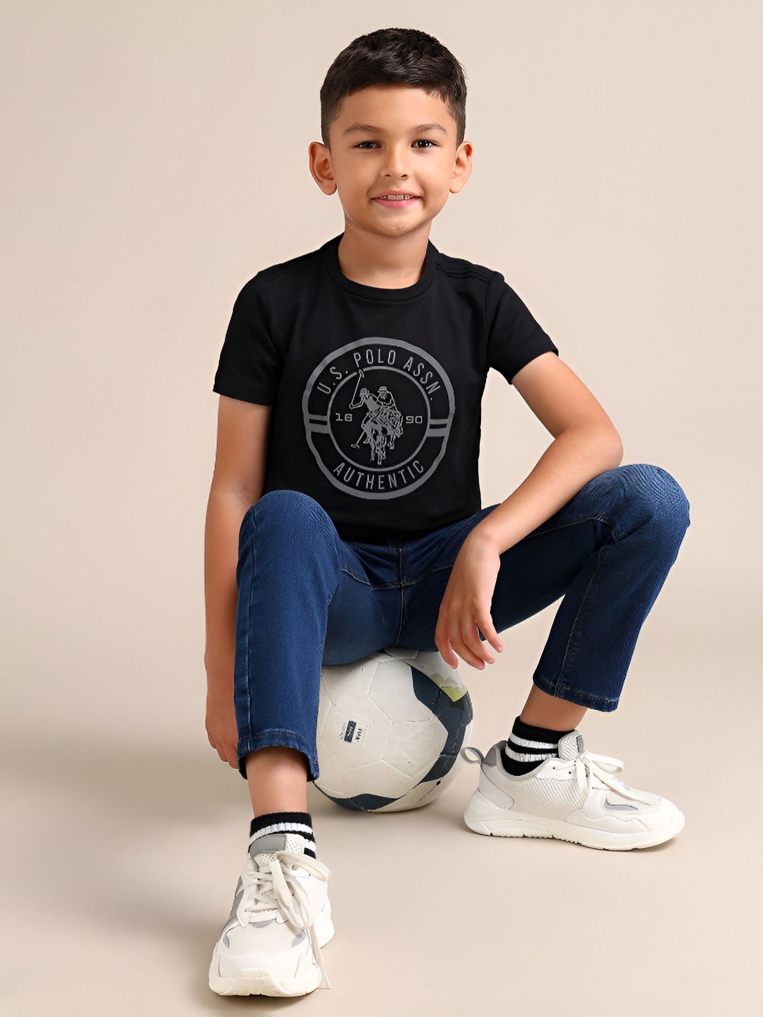 

U.S. Polo Assn. Kids Boys Brand Logo Printed Round Neck Cotton T-shirt, Black