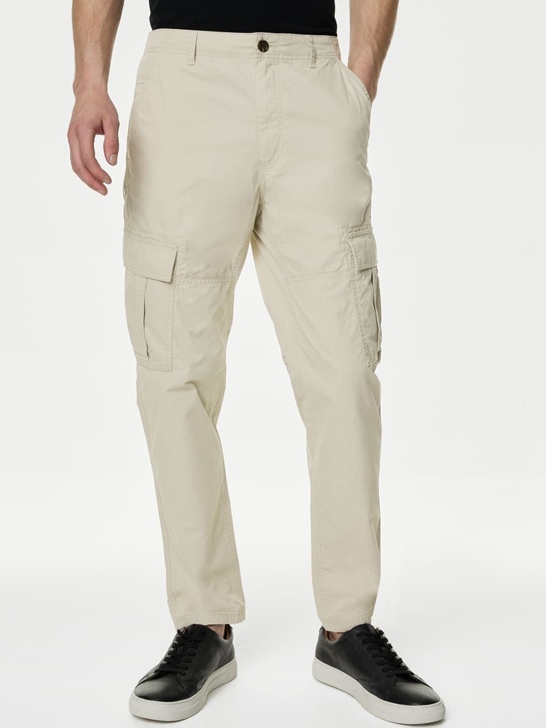 

Marks & Spencer Men Solid Cotton Tapered Fit Cargos Trousers, Beige