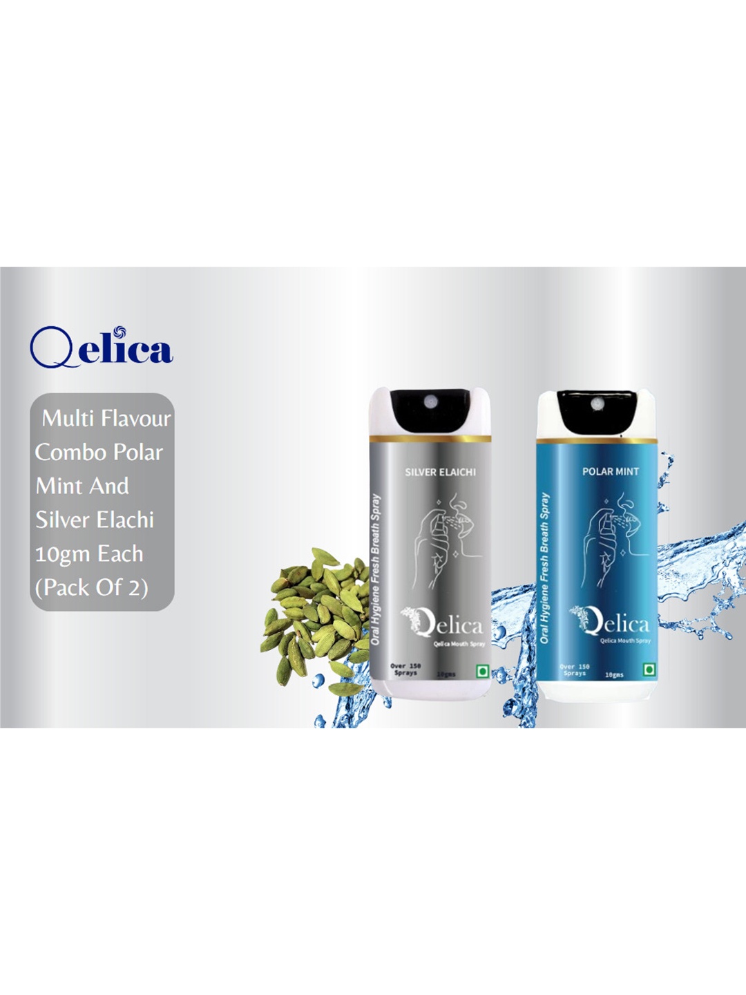 

Qelica Set Of 2 Polar Mint & Silver Elaichi Fresh Breath Spray-10g Each, Blue