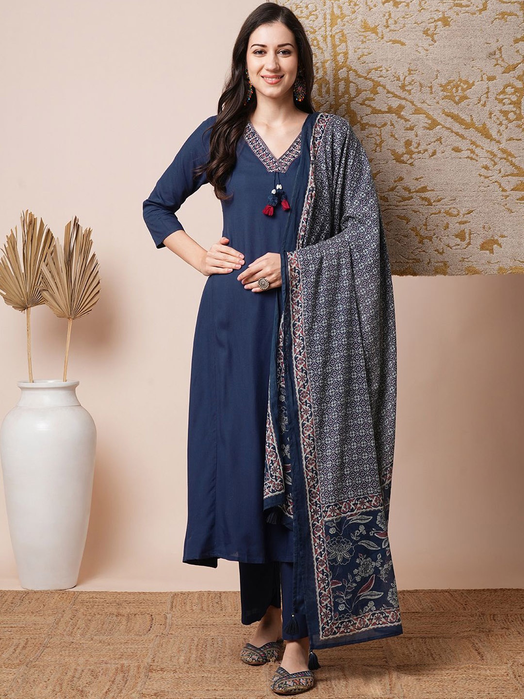 

FASHOR Navy Blue Floral Embroidered V-Neck A-Line Kurta with Trousers & Dupatta