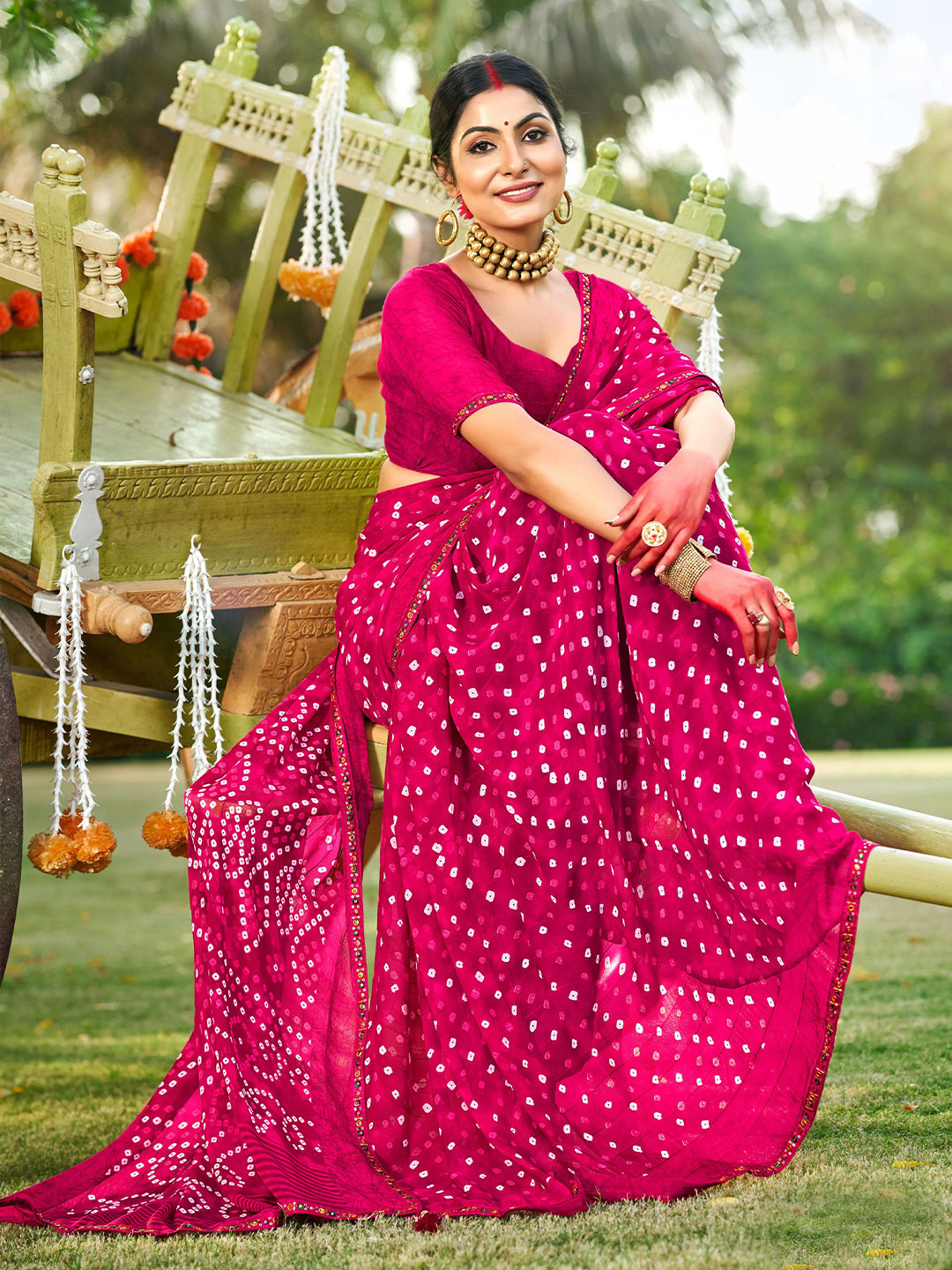 

VIRICA Bandhani Mirror Work Silk Blend Saree, Pink