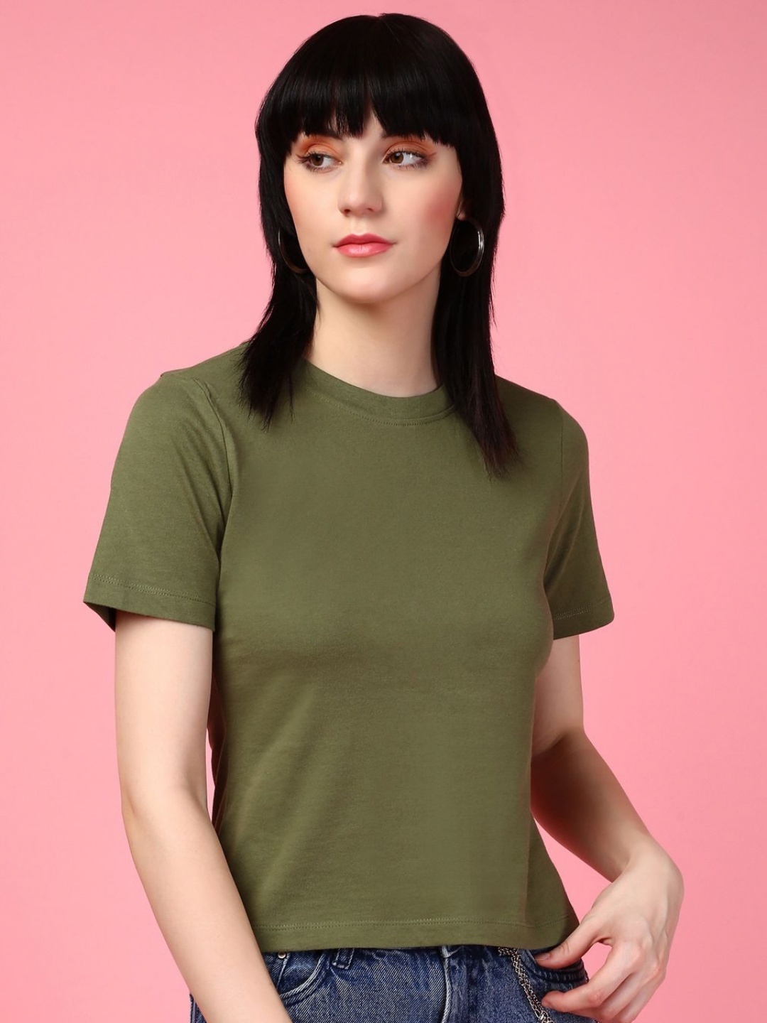 

DressBerry Women Solid Round Neck Cotton Slim Fit T-shirt, Olive