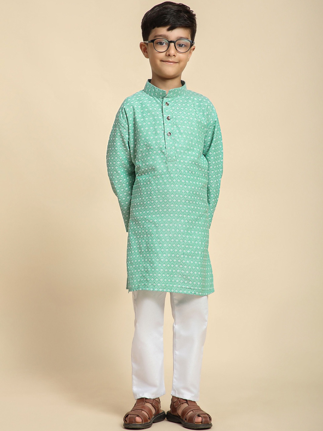 

Pro-Ethic STYLE DEVELOPER Boys Geometric Pure Cotton Straight Kurta with Pyjamas, Green