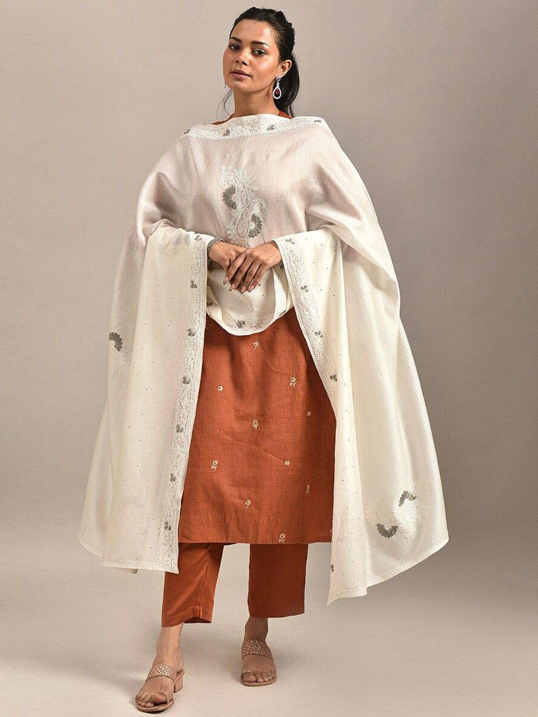 

JAYPORE Ethnic Motifs Embroidered Cotton Silk Dupatta with Thread Work, White