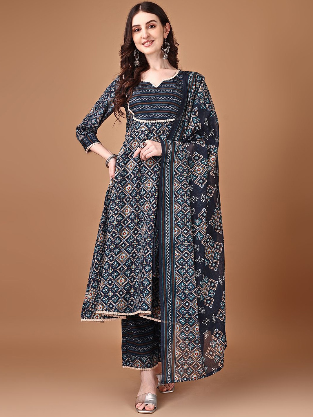 

KALINI Geometric Printed Gotta Patti Anarkali Kurta With Palazzos & Dupatta, Blue