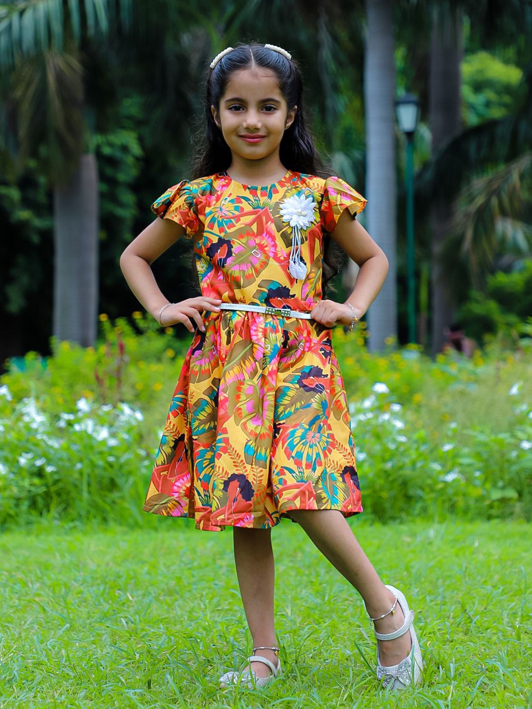 

Stuffie Land Girls Floral Printed Cotton Flutter Sleeve A-Line Dress, Yellow