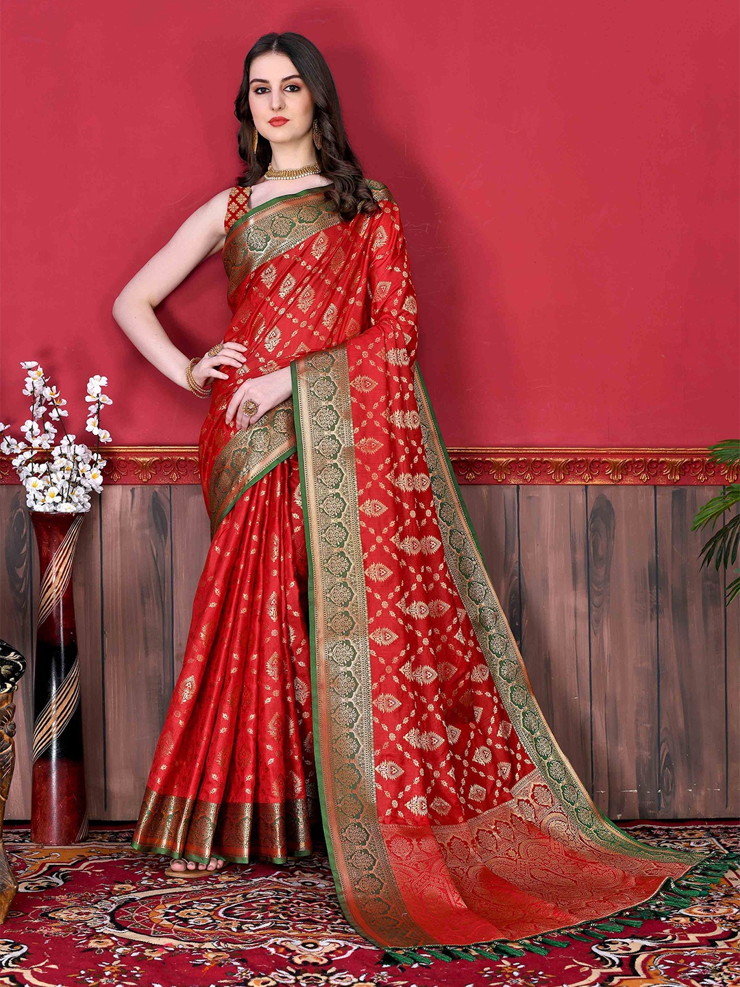 

Zeekha Woven Design Zari Pure Silk Kanjeevaram Saree, Red