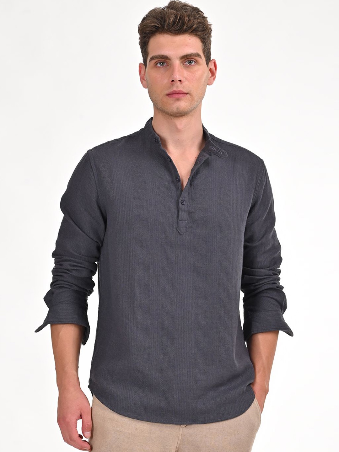 

POE Men Smart Slim Fit Opaque Casual Shirt, Grey