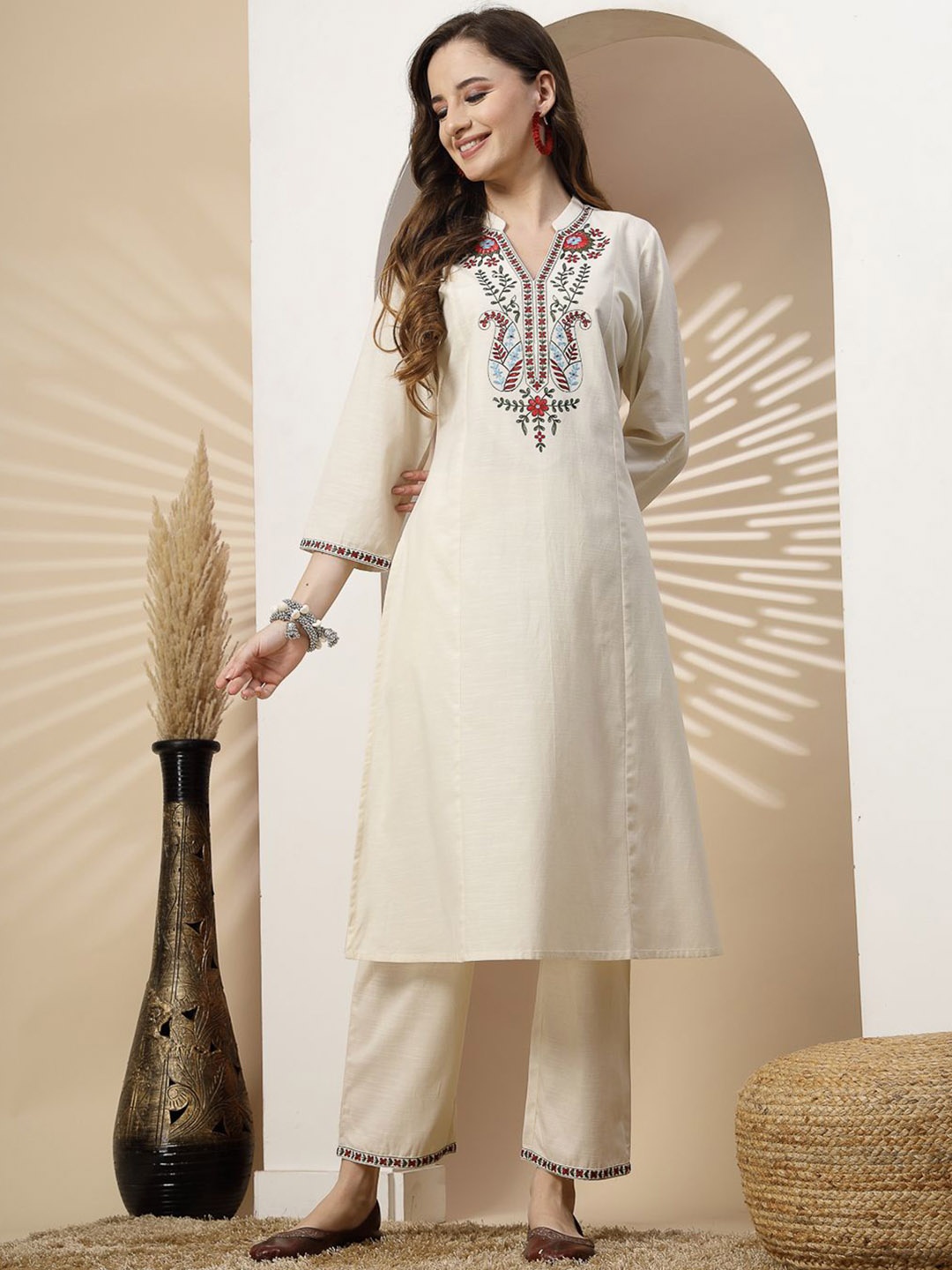 

Nayam By Lakshita Paisley Embroidered Linen Kurta with Palazzos, White