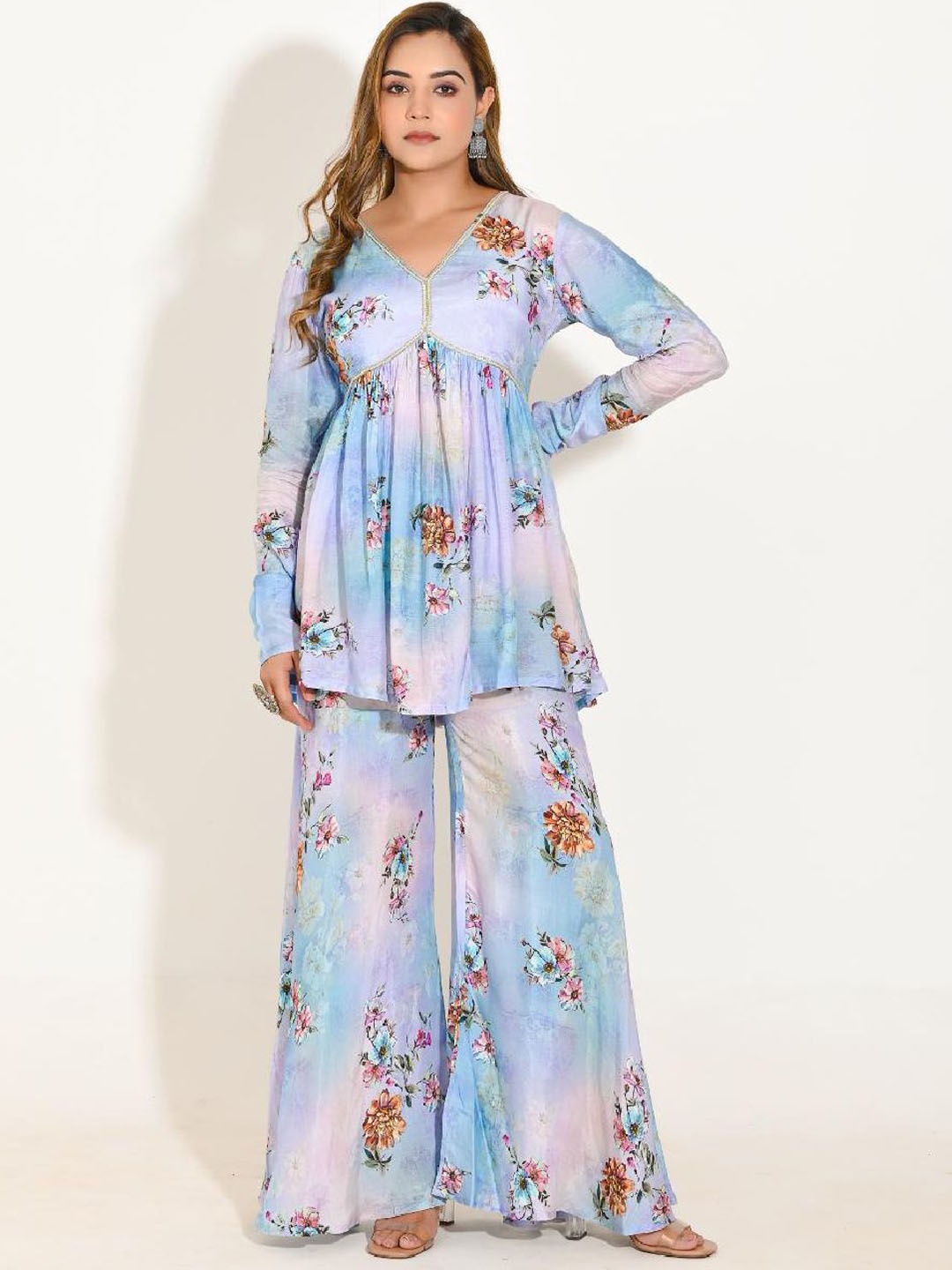 

Coordnord Printed Tunic With Palazzos Co-Ords, Blue