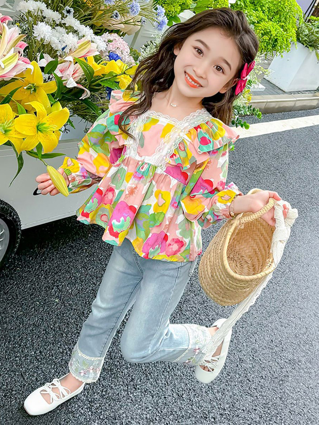 

StyleCast x Revolte Girls Floral Printed Square Neck Cotton Top, Green