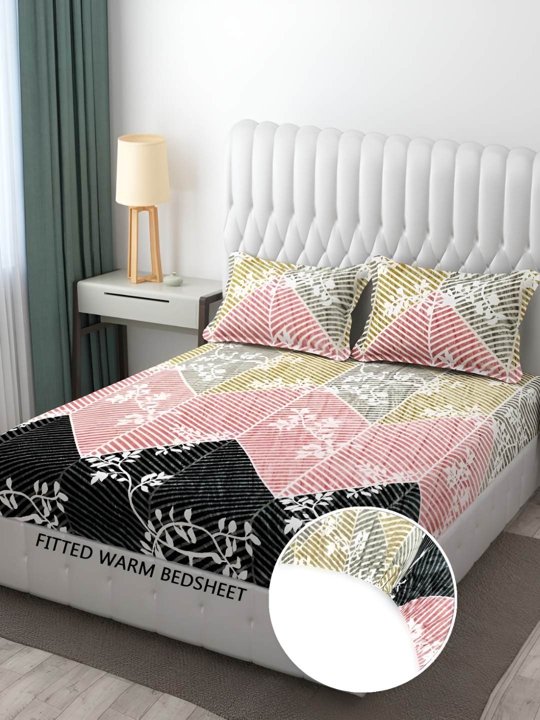 

B' Decorlish Pink & Black Printed Fitted Double Bed Cover with 2 Pillow Covers