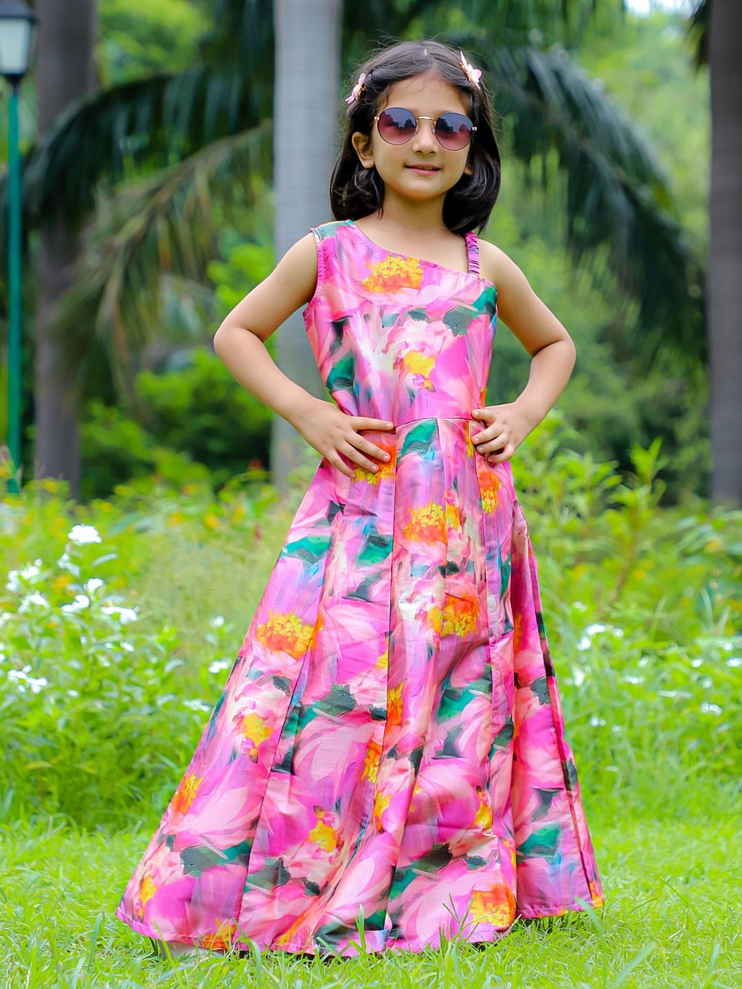 

Stuffie Land Floral Printed Cotton One Shoulder Maxi Dress, Pink