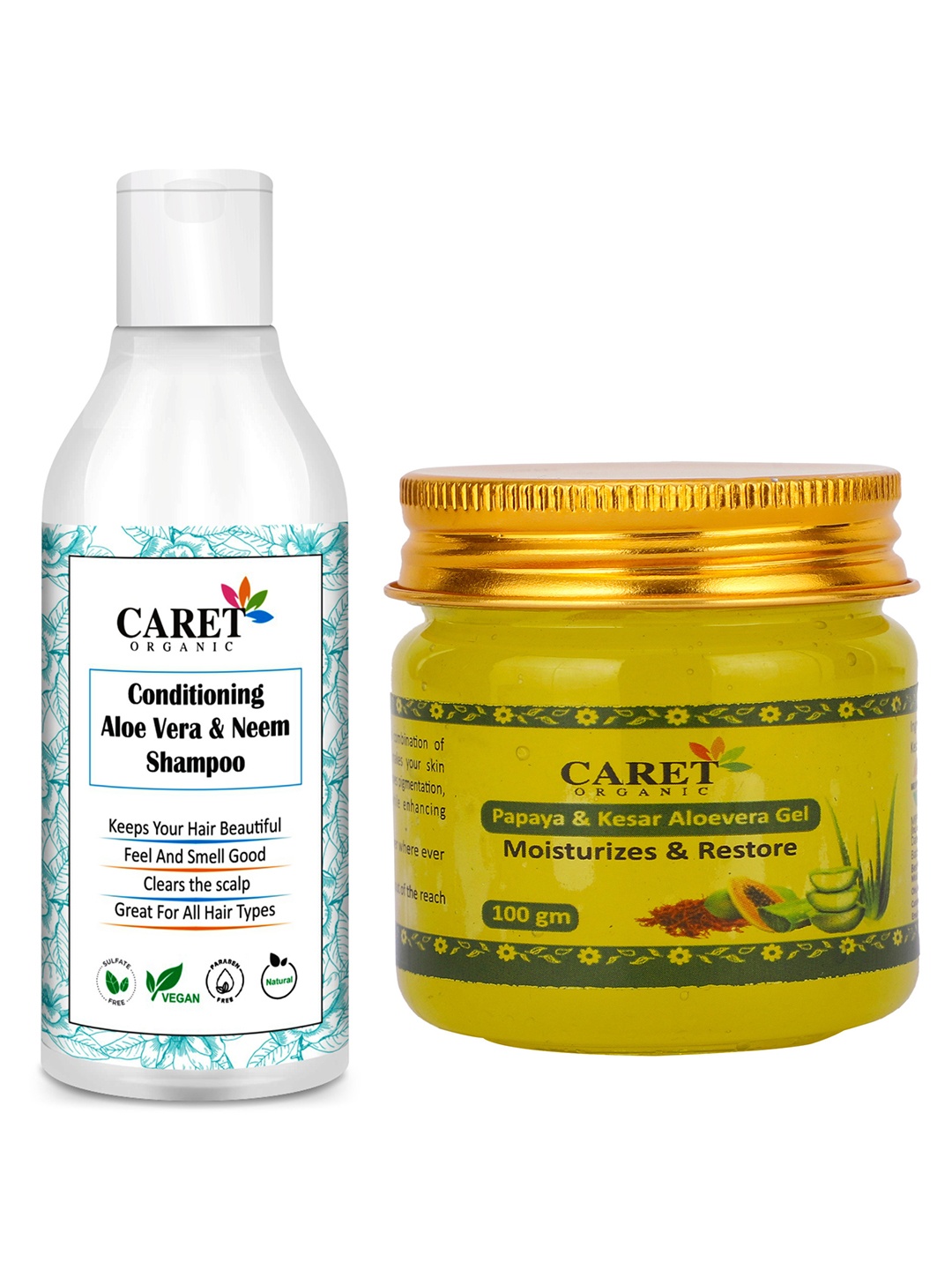 

CARET ORGANIC Aloe vera & Neem Shampoo-200 ml & Papaya, Kesar Aloevera Gel Combo -100 g, White