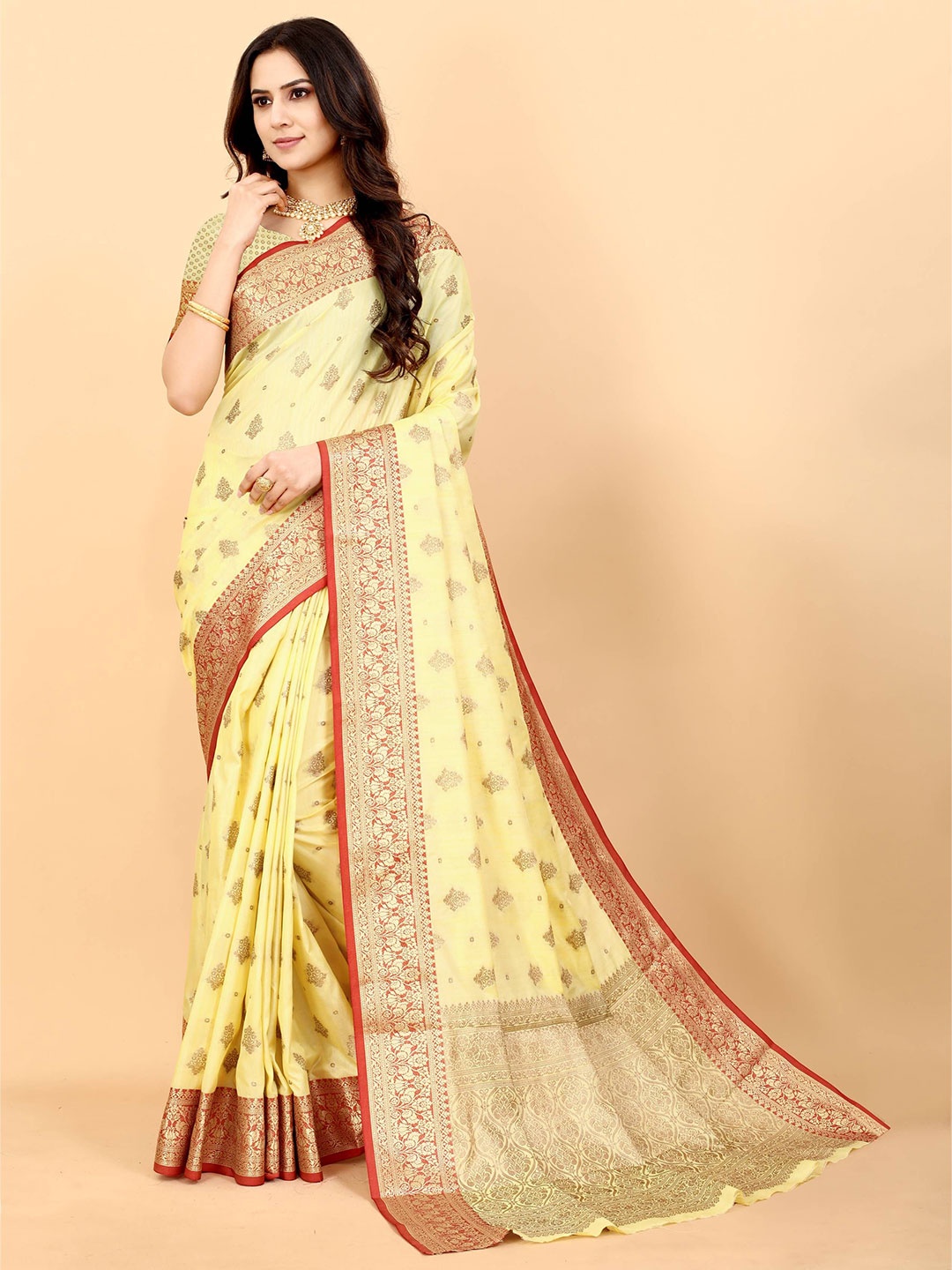 

Zeekha Woven Design Zari Pure Silk Kanjeevaram Saree, Yellow