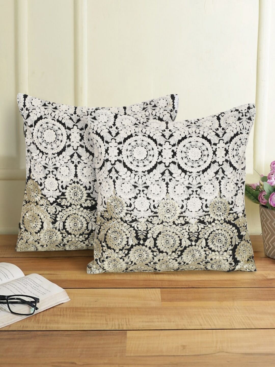 

eyda Black & White 2 Pieces Floral Embroidered Square Cushion Covers