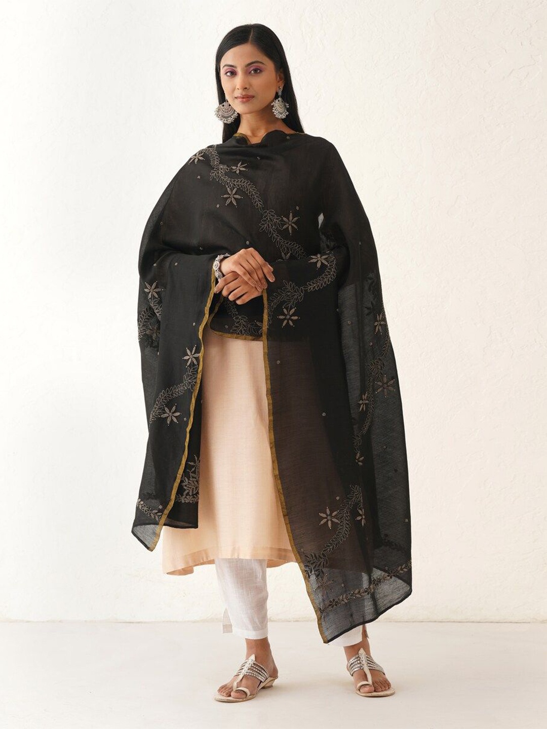 

JAYPORE Embroidered Cotton Silk Dupatta, Black