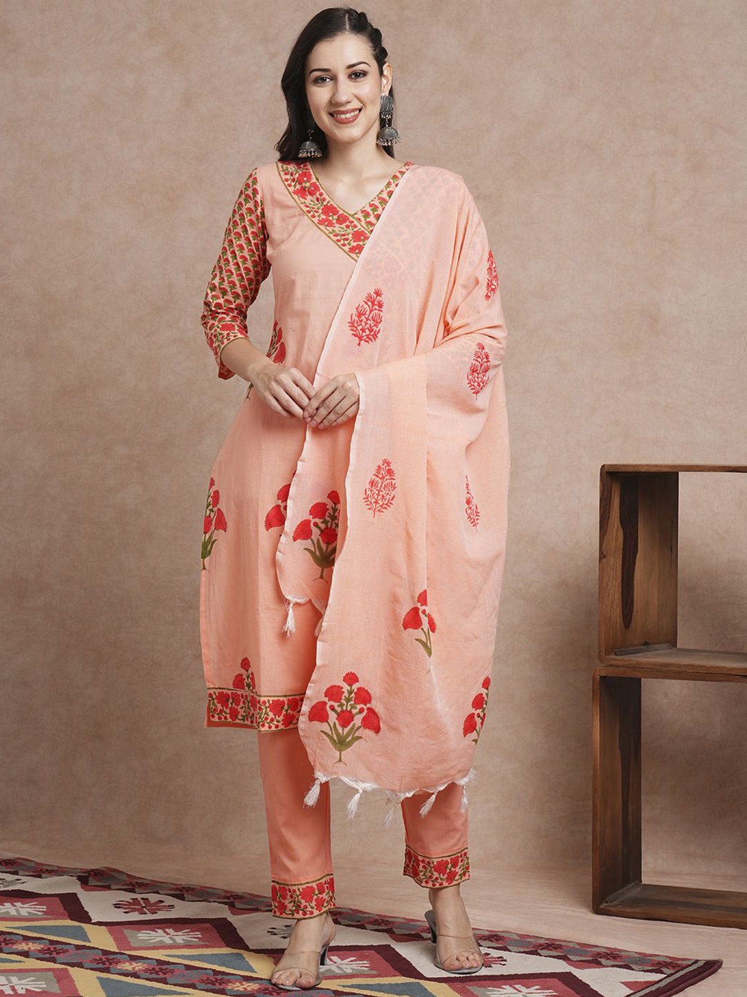 

FASHOR Women Ethnic Motifs Printed Regular Pure Cotton Kurta with Trousers & With Dupatta, Peach