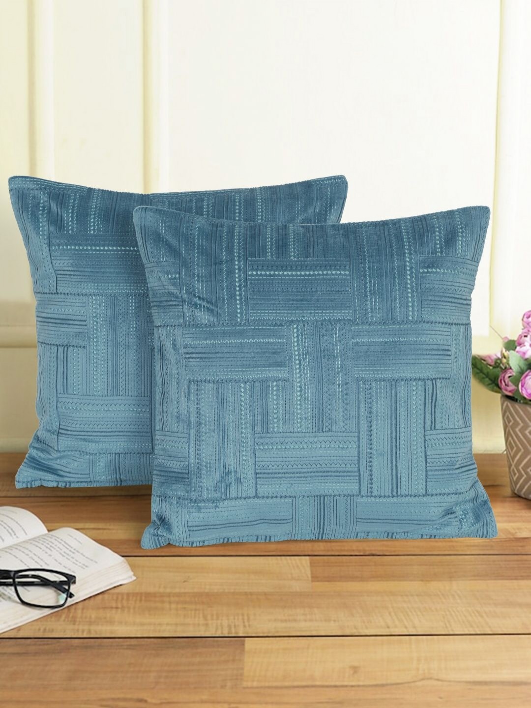 

eyda Blue 2 Pieces Geometric Embroidered Velvet Square Cushion Covers