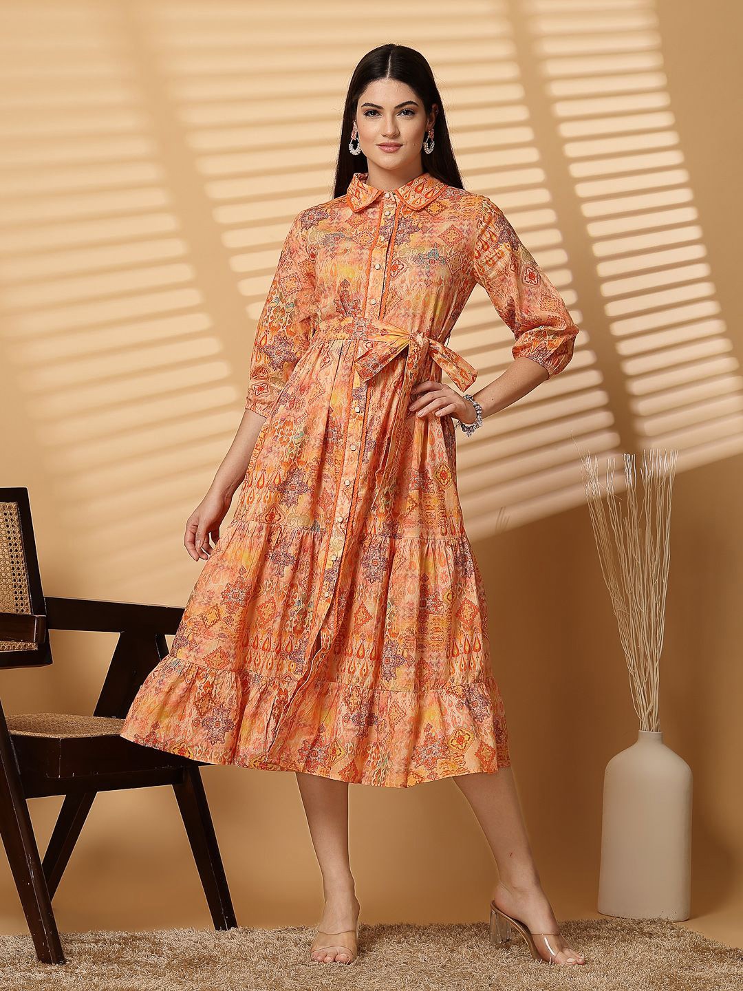 

COSMIC TRIO Print A-Line Midi Dress, Orange