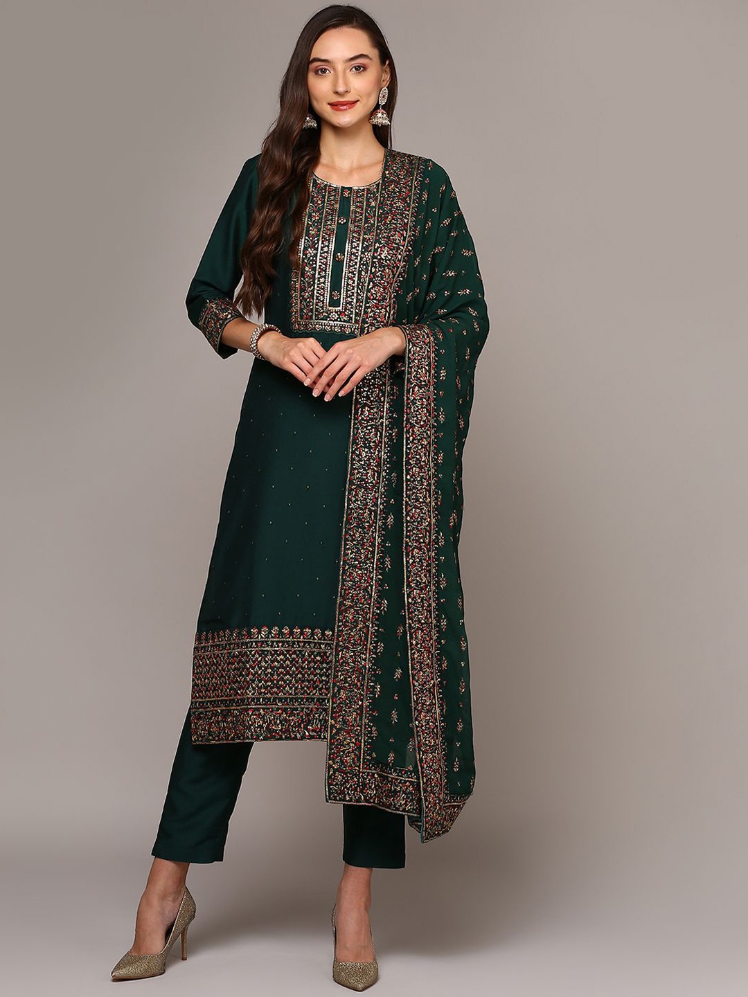 

KALINI Women Floral Embroidered Regular Thread Work Kurta with Trousers & With Dupatta, Green