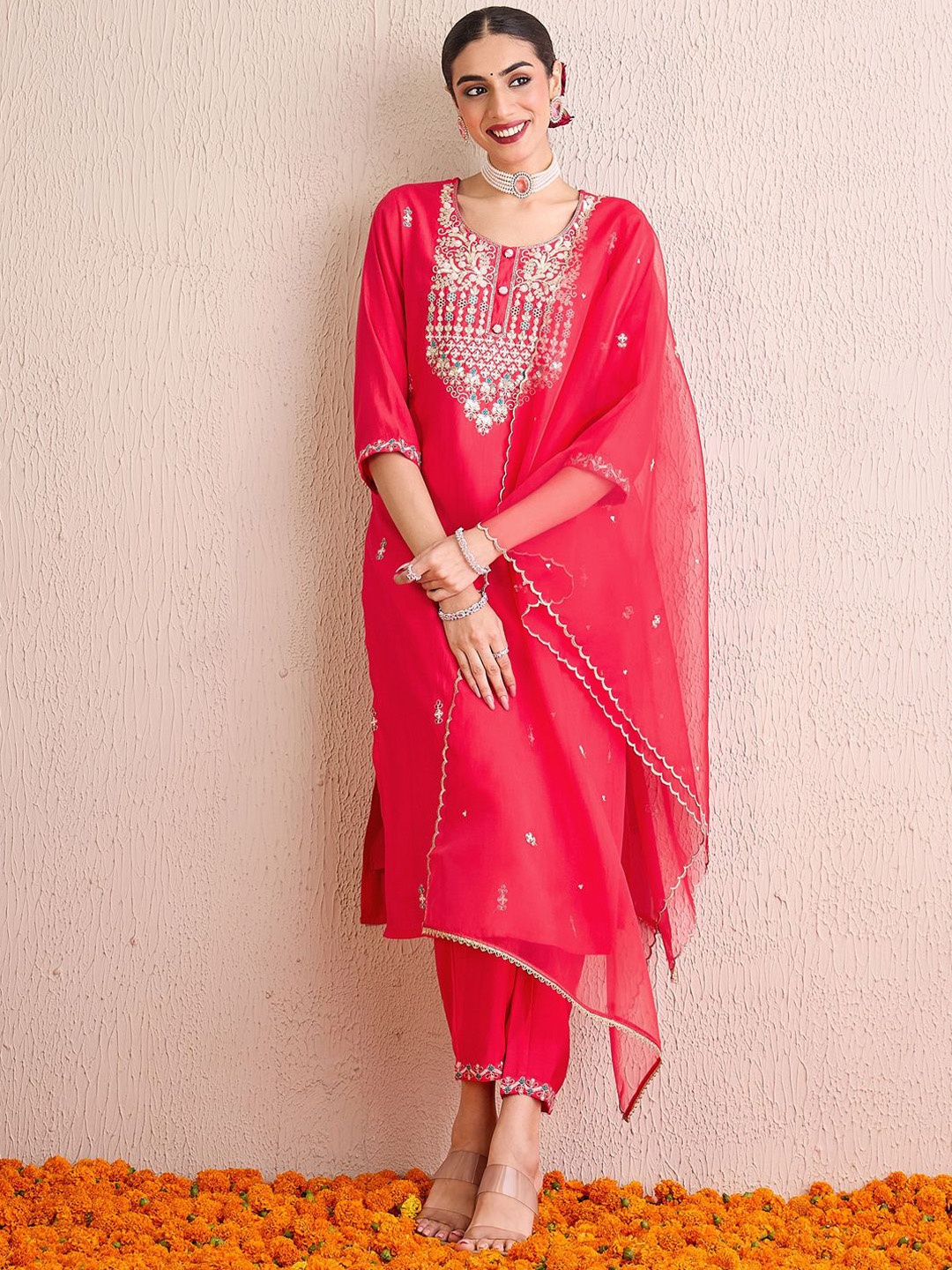 

Indo Era Women Embroidered Regular Sequinned Kurta with Trousers & With Dupatta, Pink