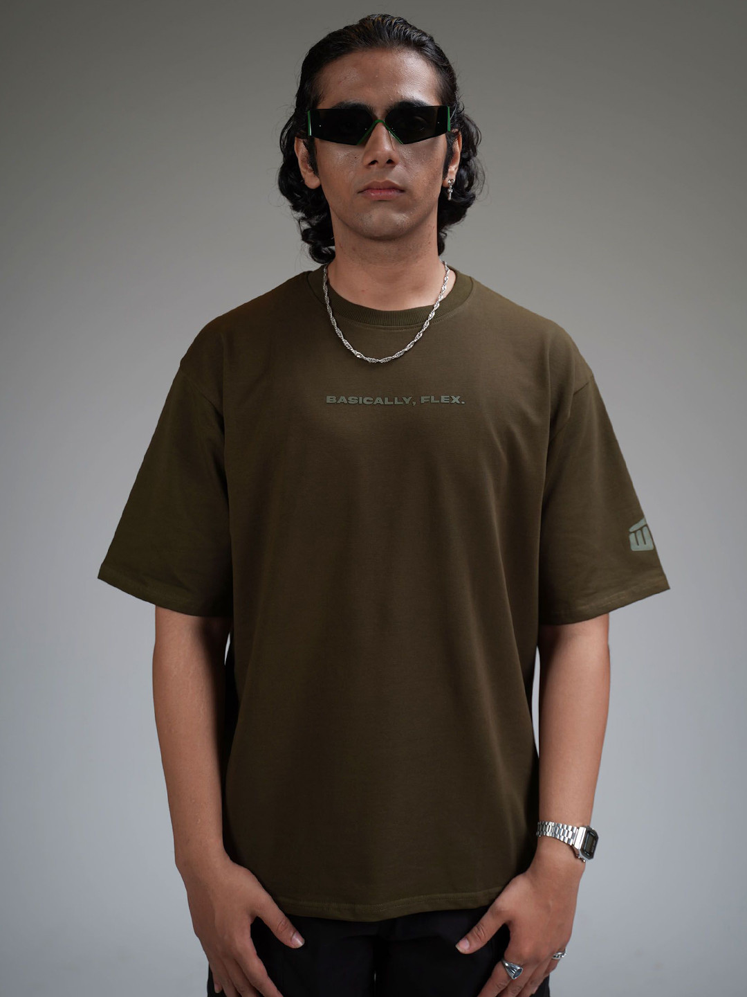 

WHAT THE FLEX Unisex Typography Printed Round Neck Cotton Oversized T-shirt, Olive