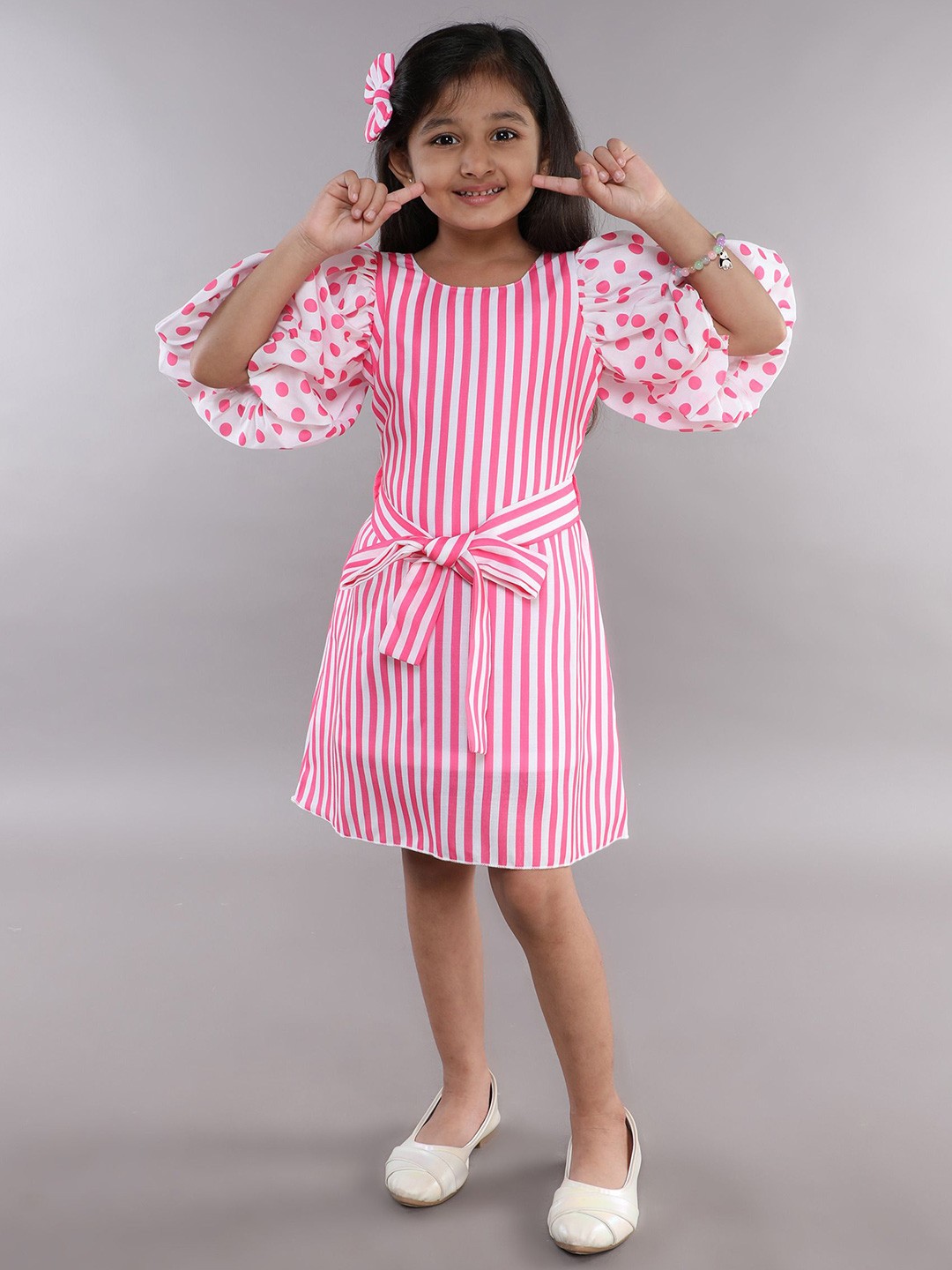 

Pink Chick Polka Dot Striped Puff Sleeve A-Line Dress