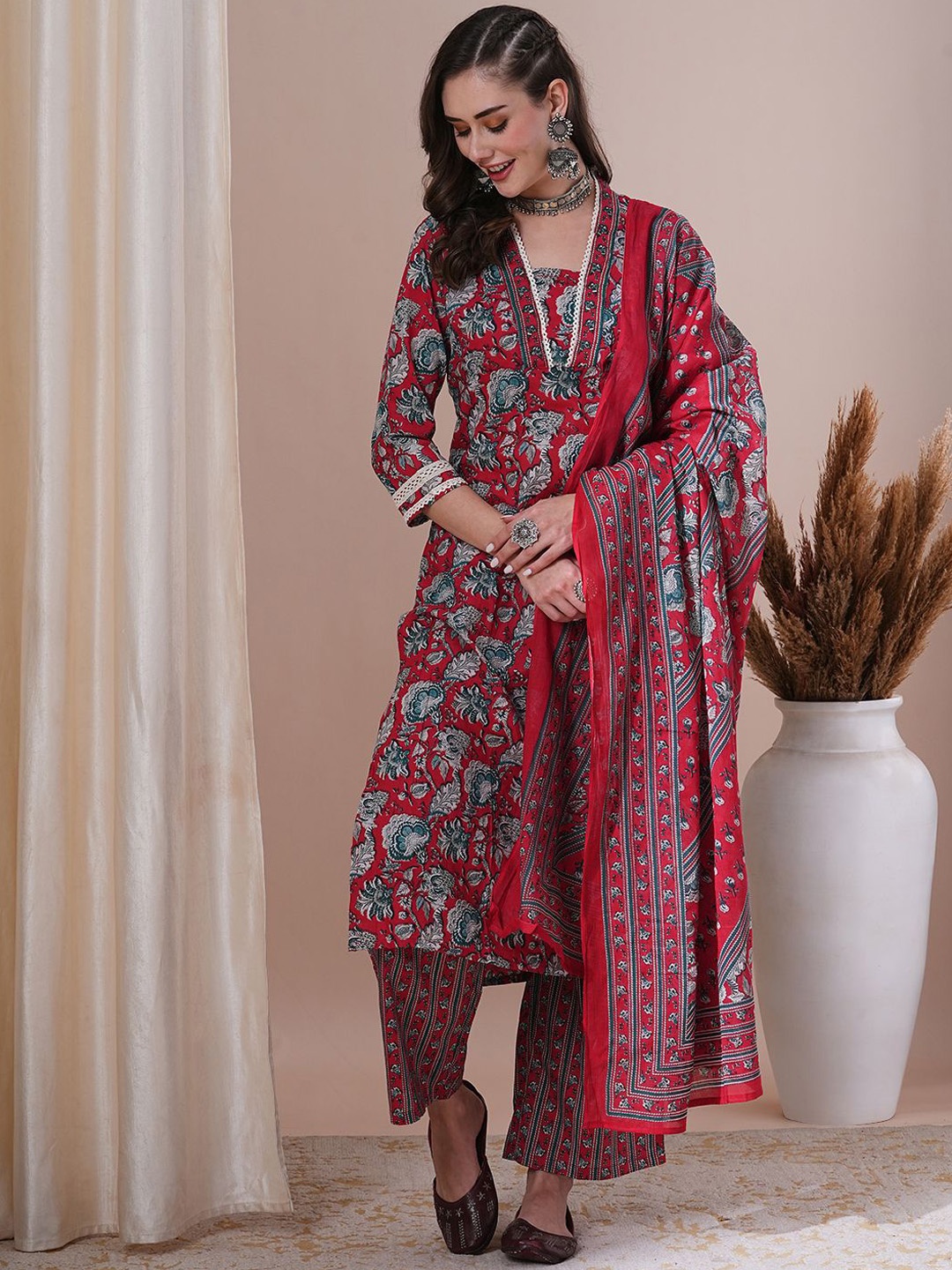 

FASHOR Red Floral Printed V-Neck Straight Kurta with Trousers & Dupatta