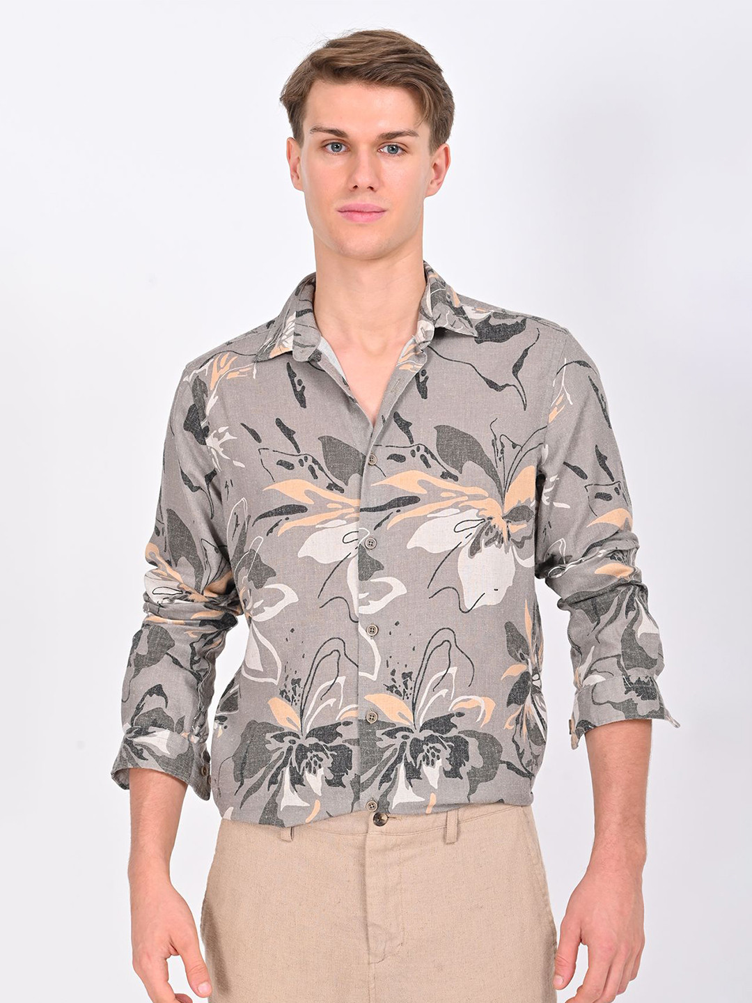 

POE Men Smart Slim Fit Floral Opaque Printed Casual Shirt, Green