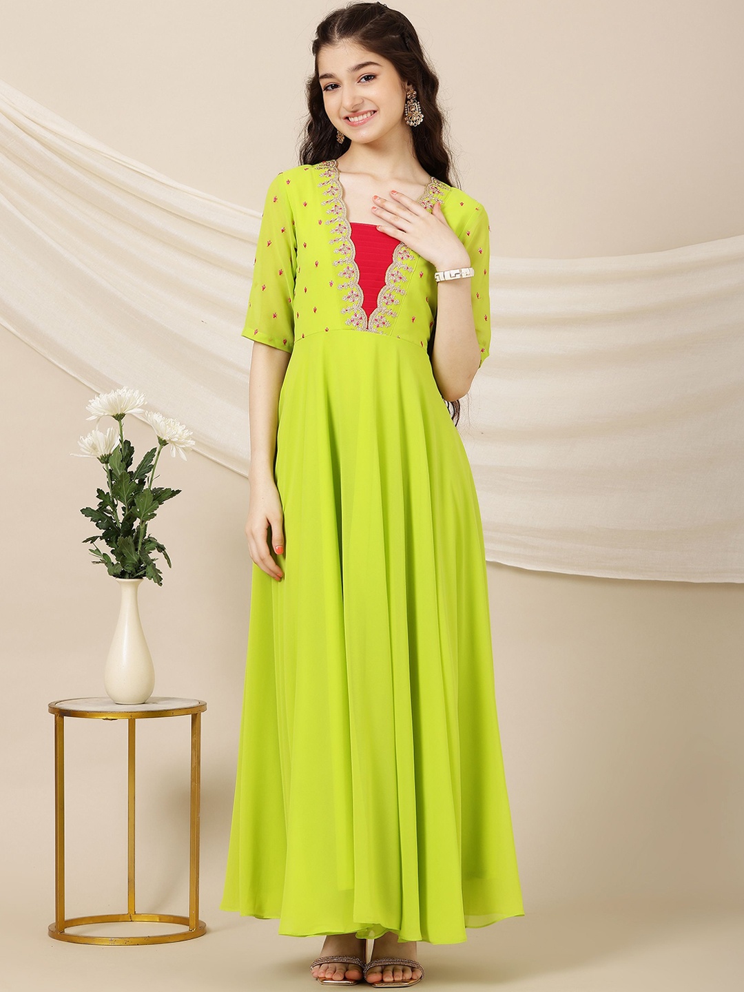 

Inddus Girls Embroidered A-Line Maxi Ethnic Dresses, Lime green