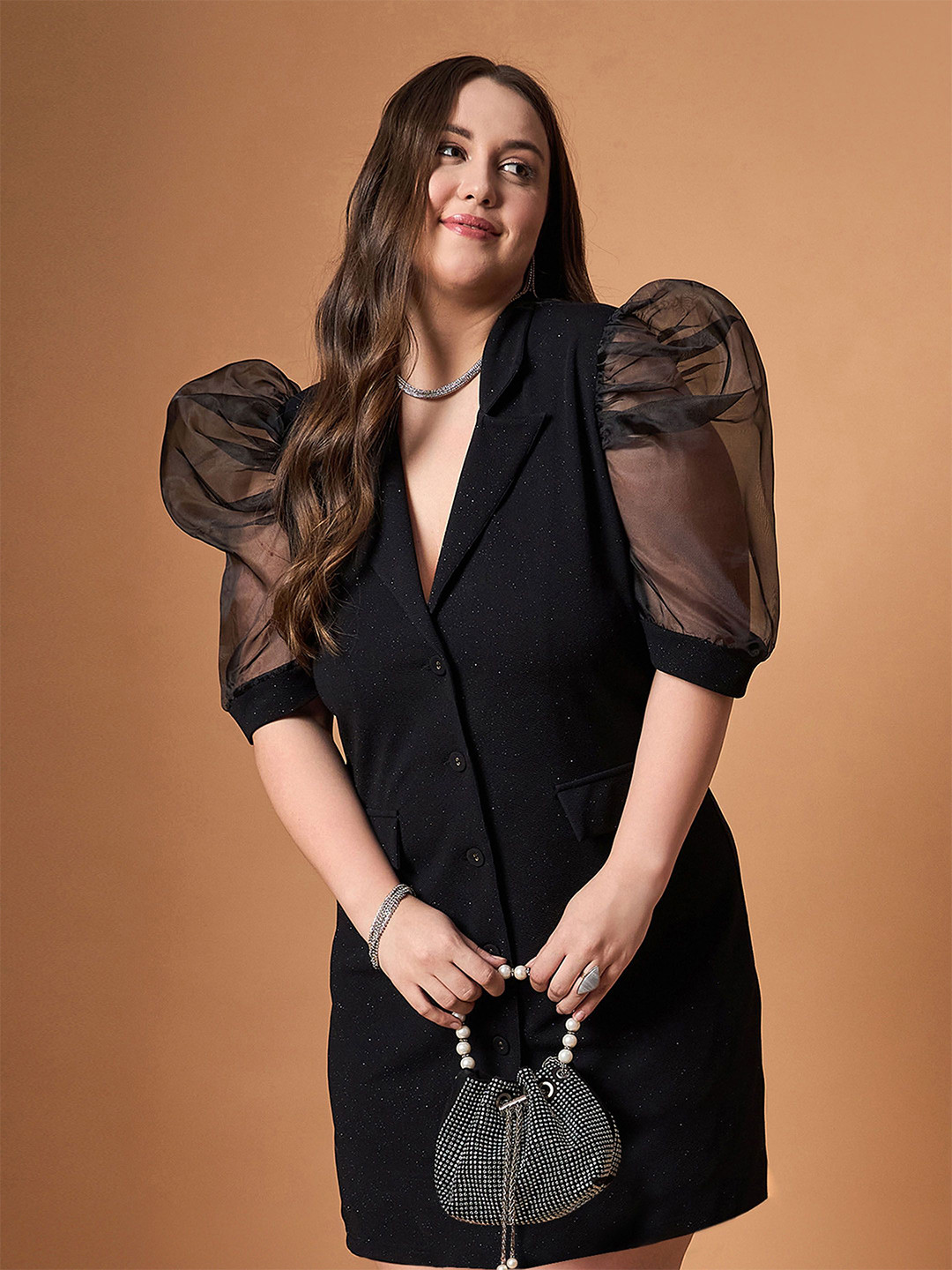 

SASSAFRAS Curve Puff Sleeve Dress, Black