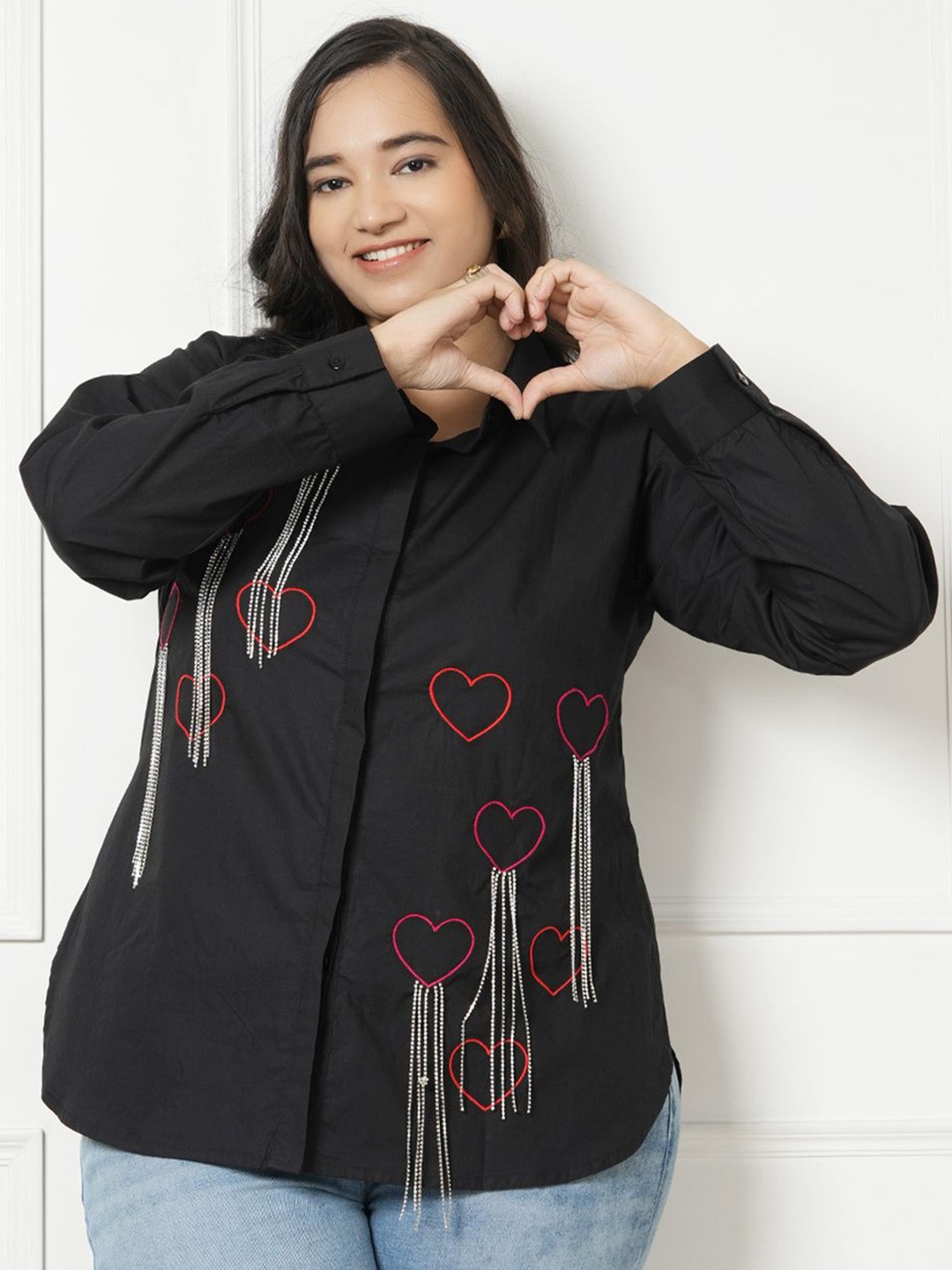 

LastInch Women Plus Size Classic Spread Collar Graphic Printed Cotton Casual Shirt, Black