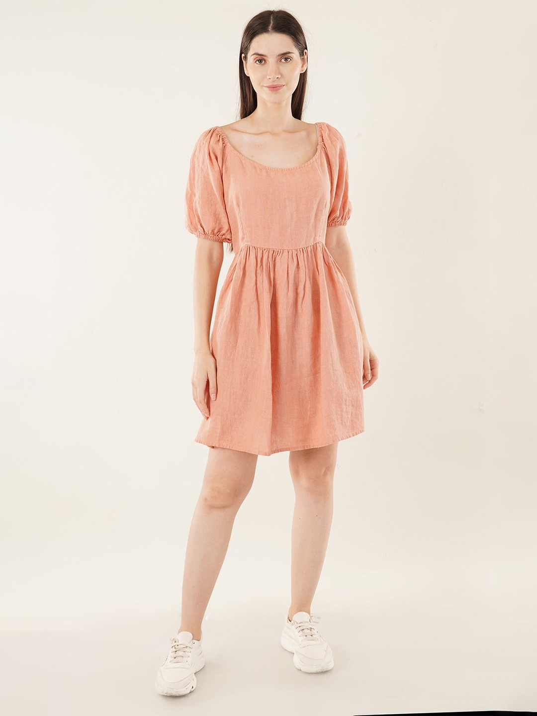 

Linen Options Puff Sleeve Linen Fit & Flare Dress, Peach