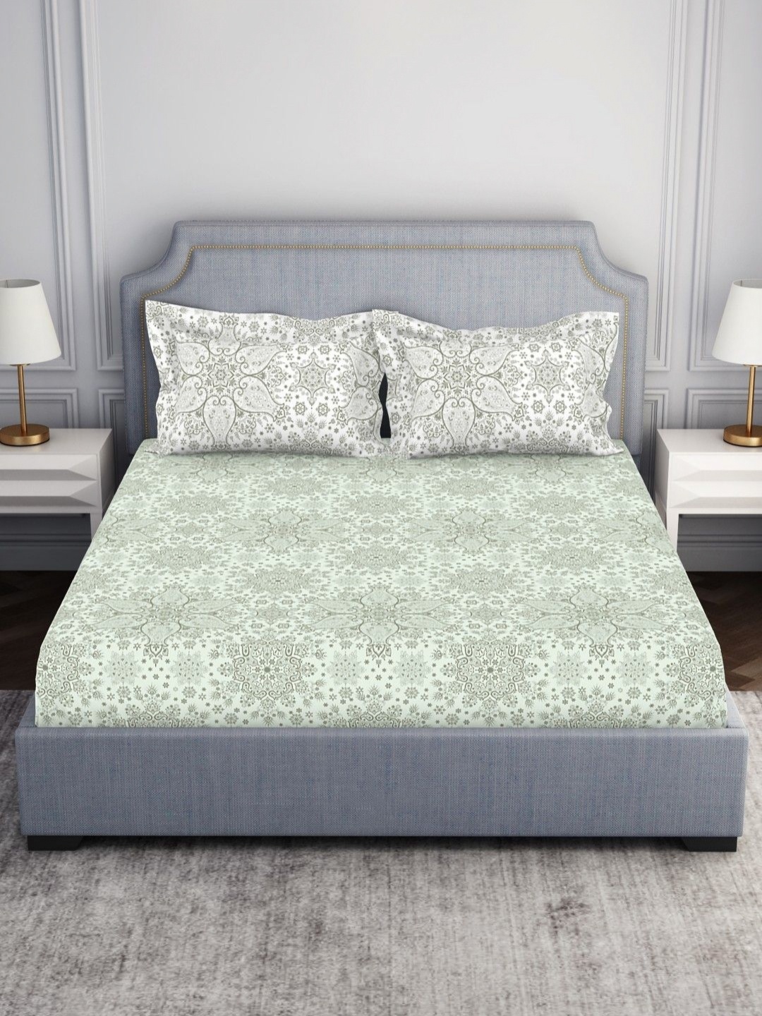 

SPACES ornamenta Green 100% Cotton 144 TC Queen Bedsheet with 2 Pillow Covers