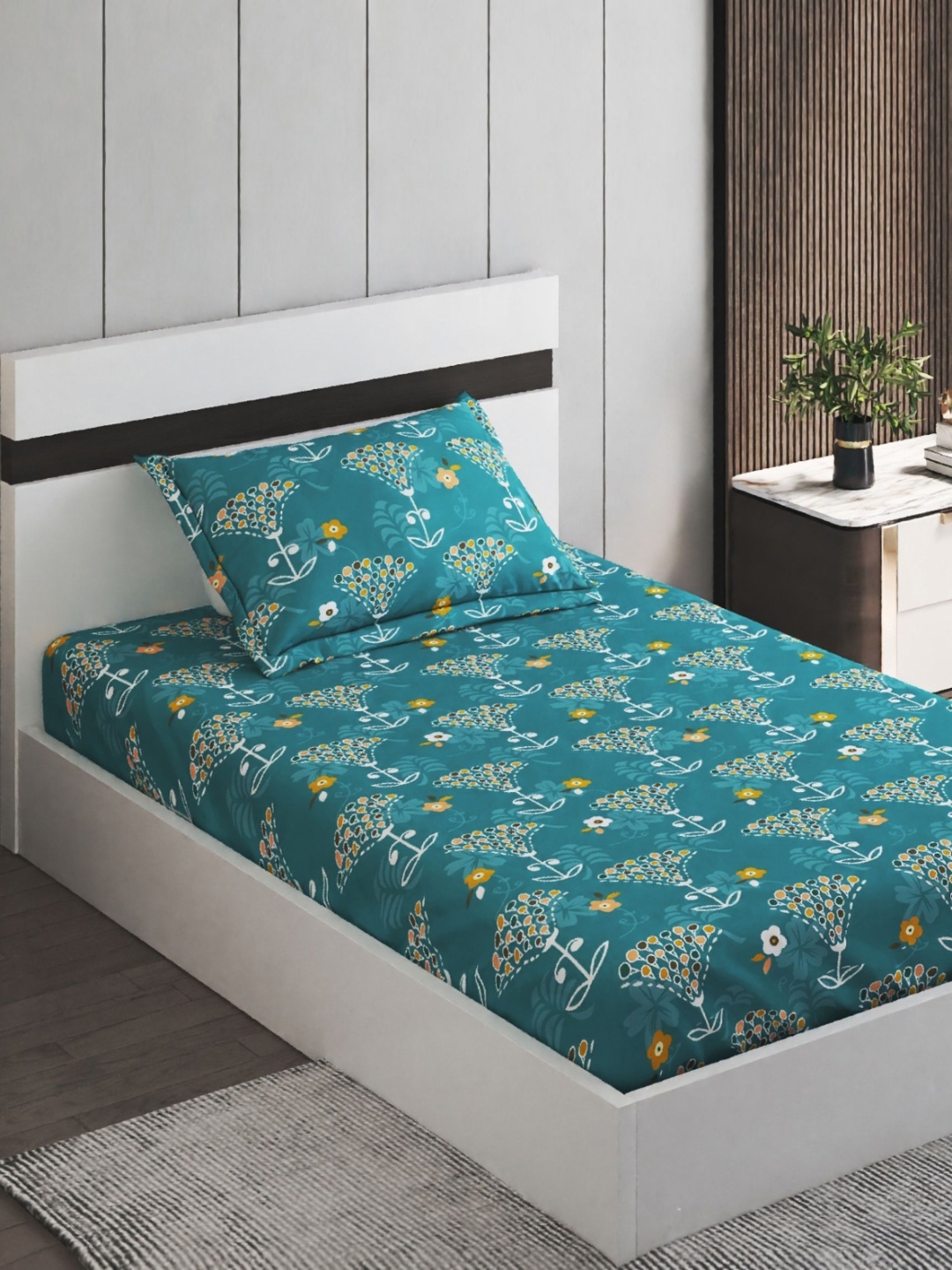 

Home Centre Teal & White Floral Printed 130 TC Single Bedsheet With 1 Pillow Cover