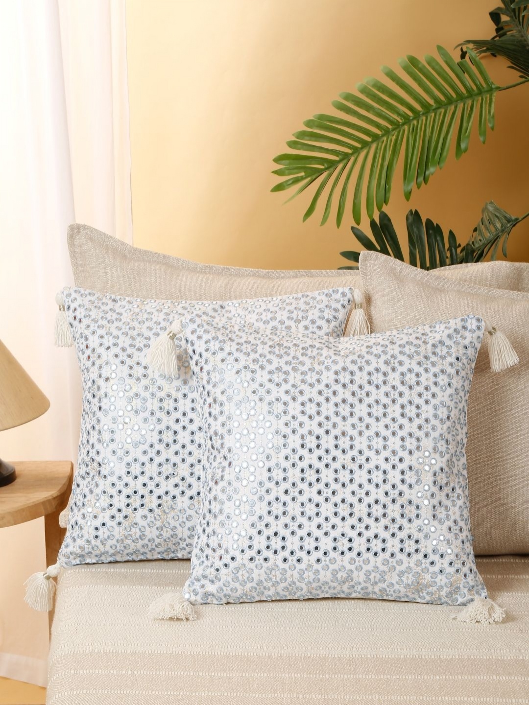 

eyda Blue & White 2 Pieces Mirror Work Cushion Covers