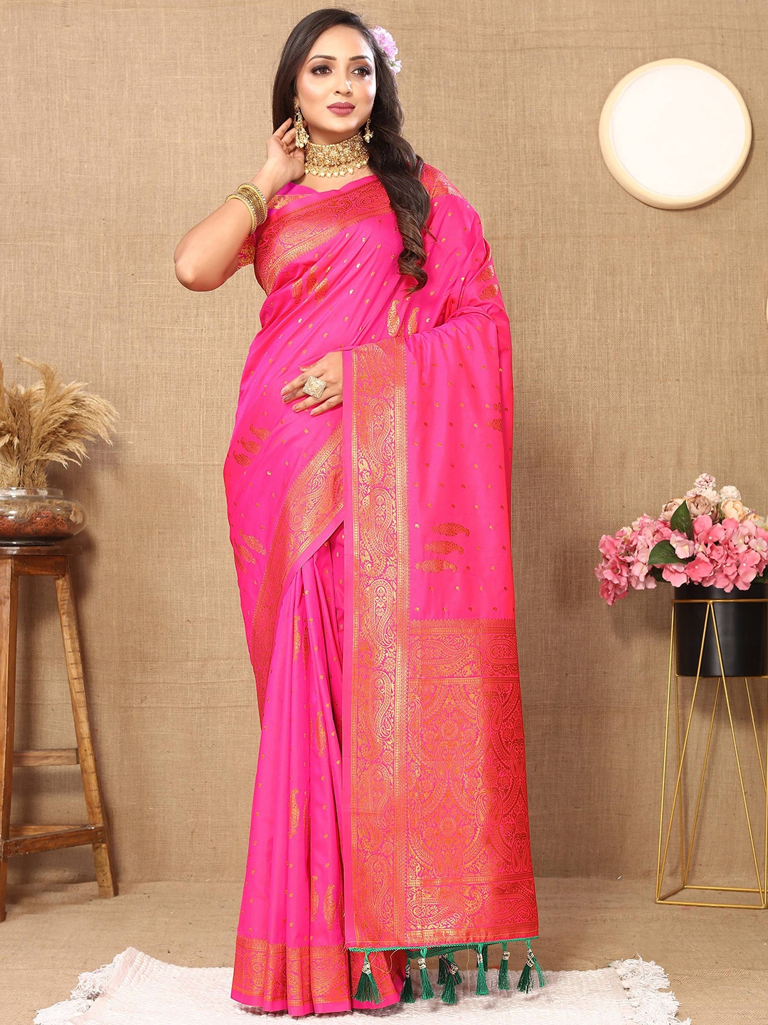 

Zeekha Woven Design Zari Pure Silk Kanjeevaram Saree, Pink