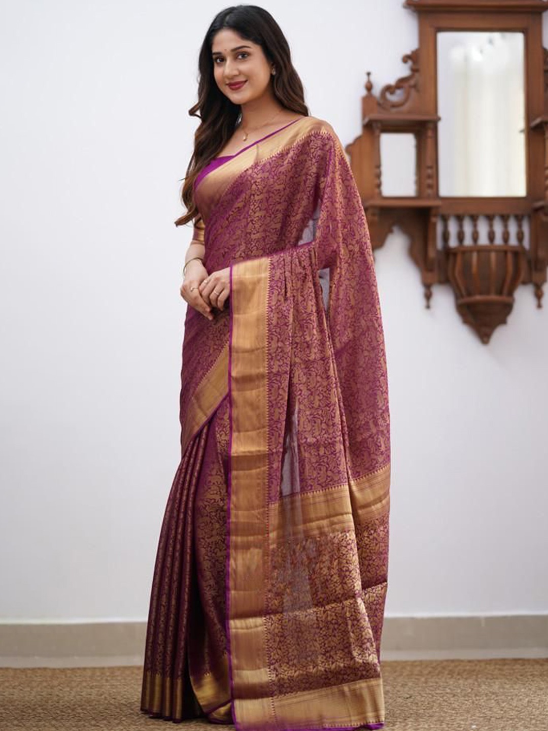 

MAHALASA Ethnic Motifs Zari Kanjeevaram Saree, Magenta