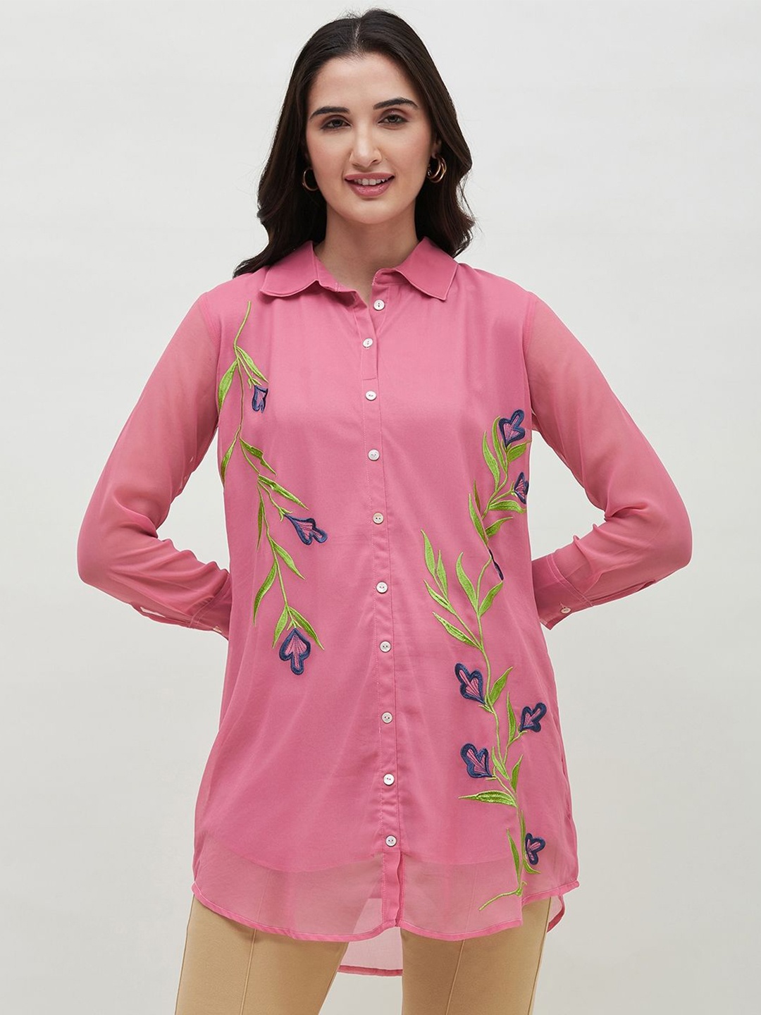 

Bitterlime Women Relaxed Spread Collar Floral Printed Casual Shirt, Pink