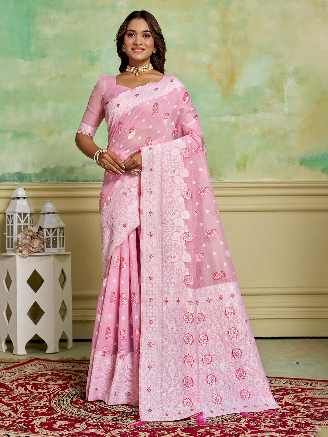 

KAYOMMI Ethnic Motifs Zari Pure Cotton Banarasi Saree, Pink