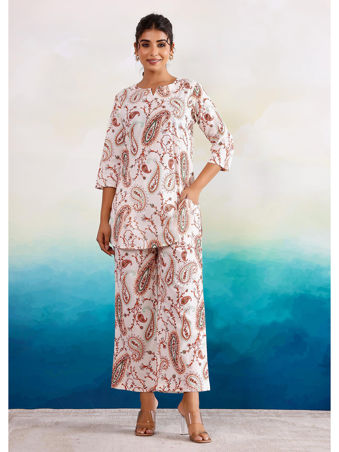 

FLAVIA CREATION Floral Printed Pure Cotton Tunic With Trousers, White