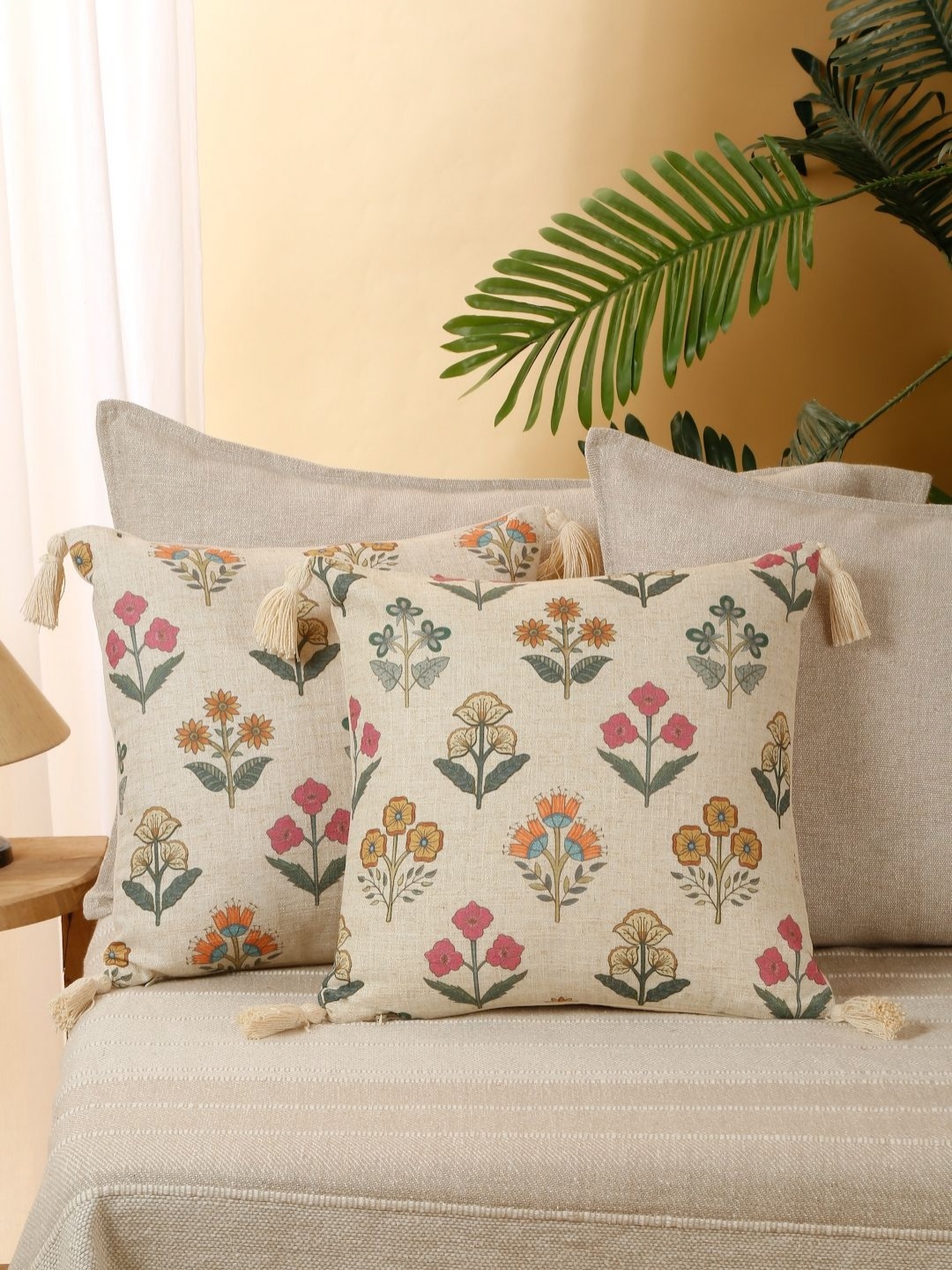 

eyda Beige & Green 2 Pieces Floral Printed Cushion Covers