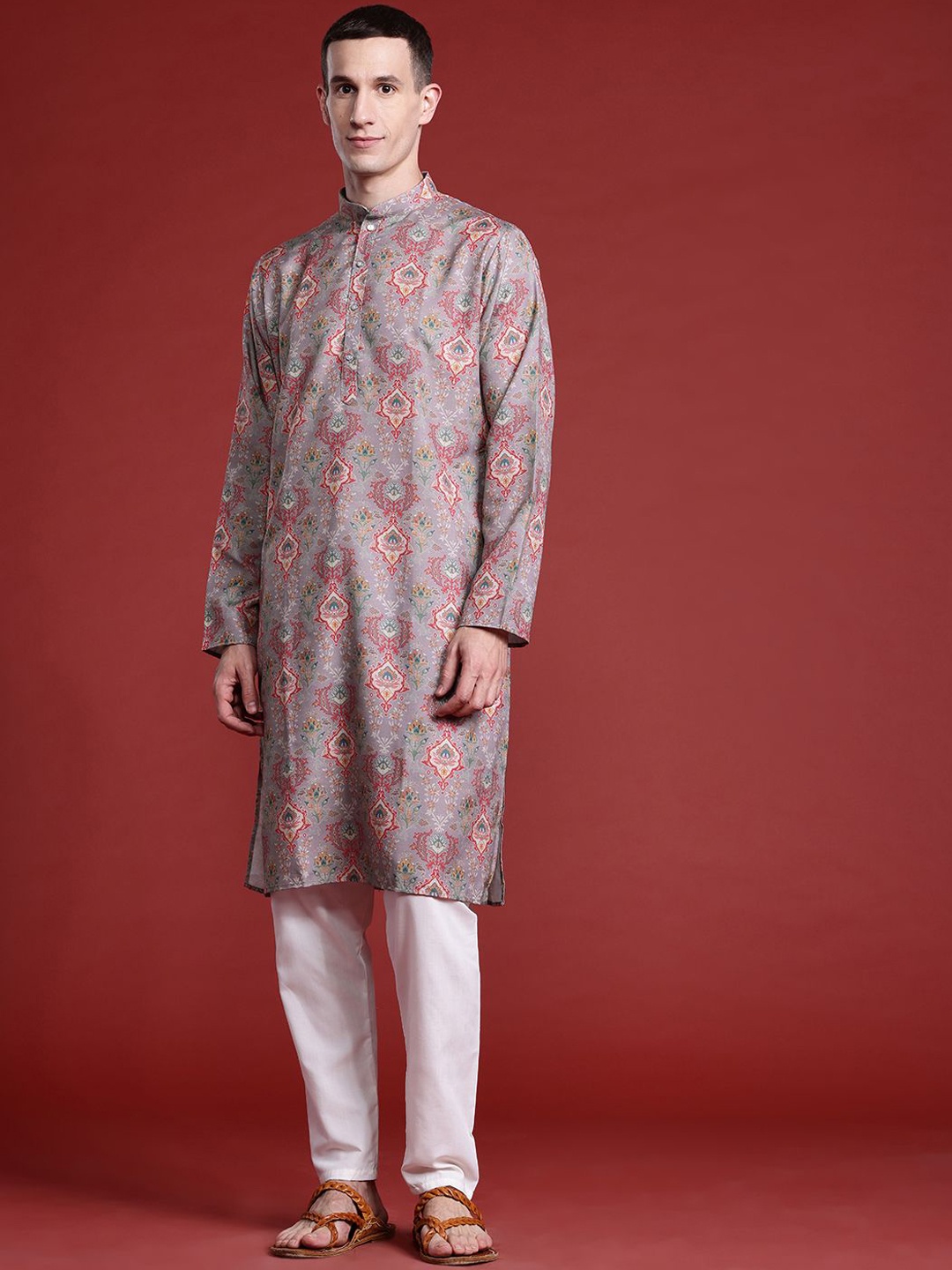 

MANQ Ethnic Motifs Printed Mandarin Collar Pure Cotton Straight Kurta, Mauve
