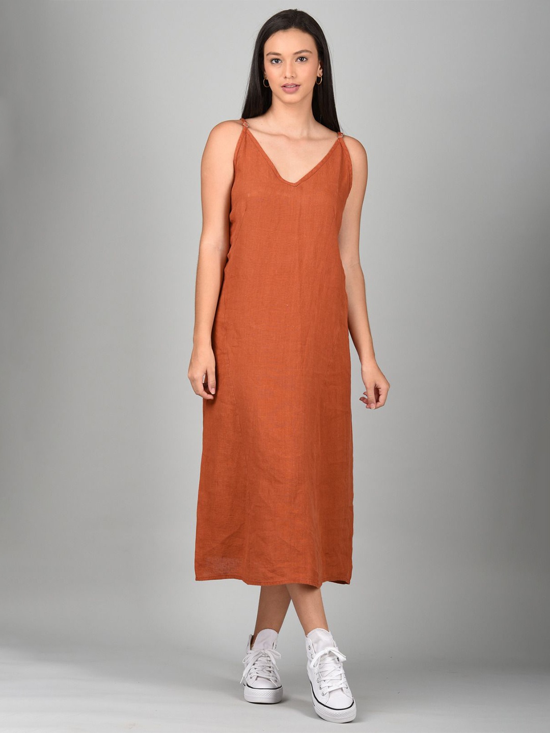 

Linen Options Women V-neck Shoulder Straps A-Line Midi Dress, Orange