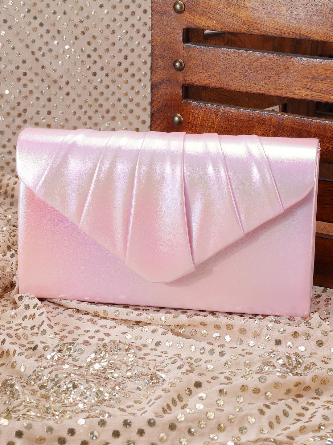 

SAZARA Textured Shoulder Strap Leather Foldover Clutch, Peach