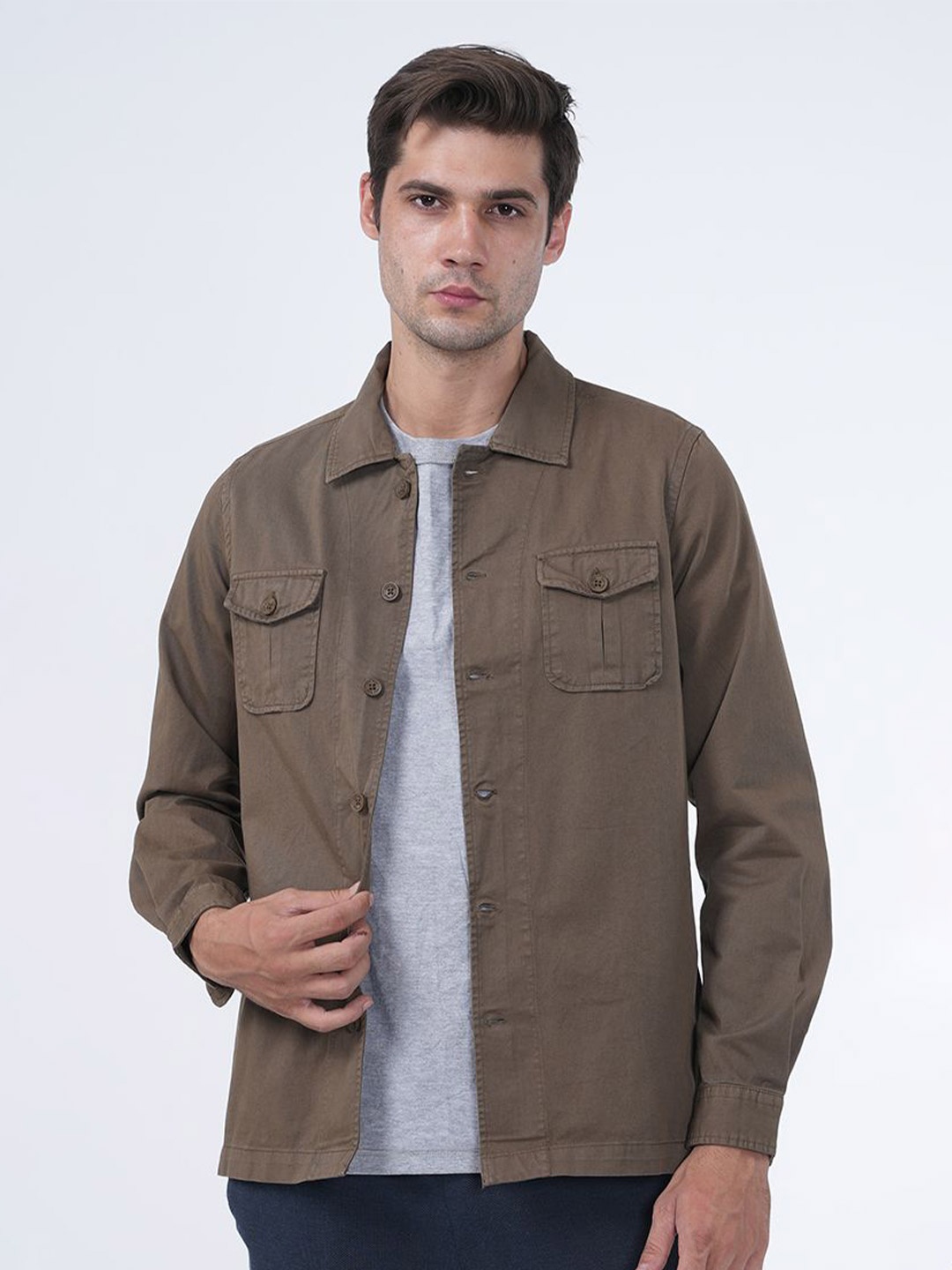

POE Men Smart Slim Fit Opaque Casual Shirt, Khaki