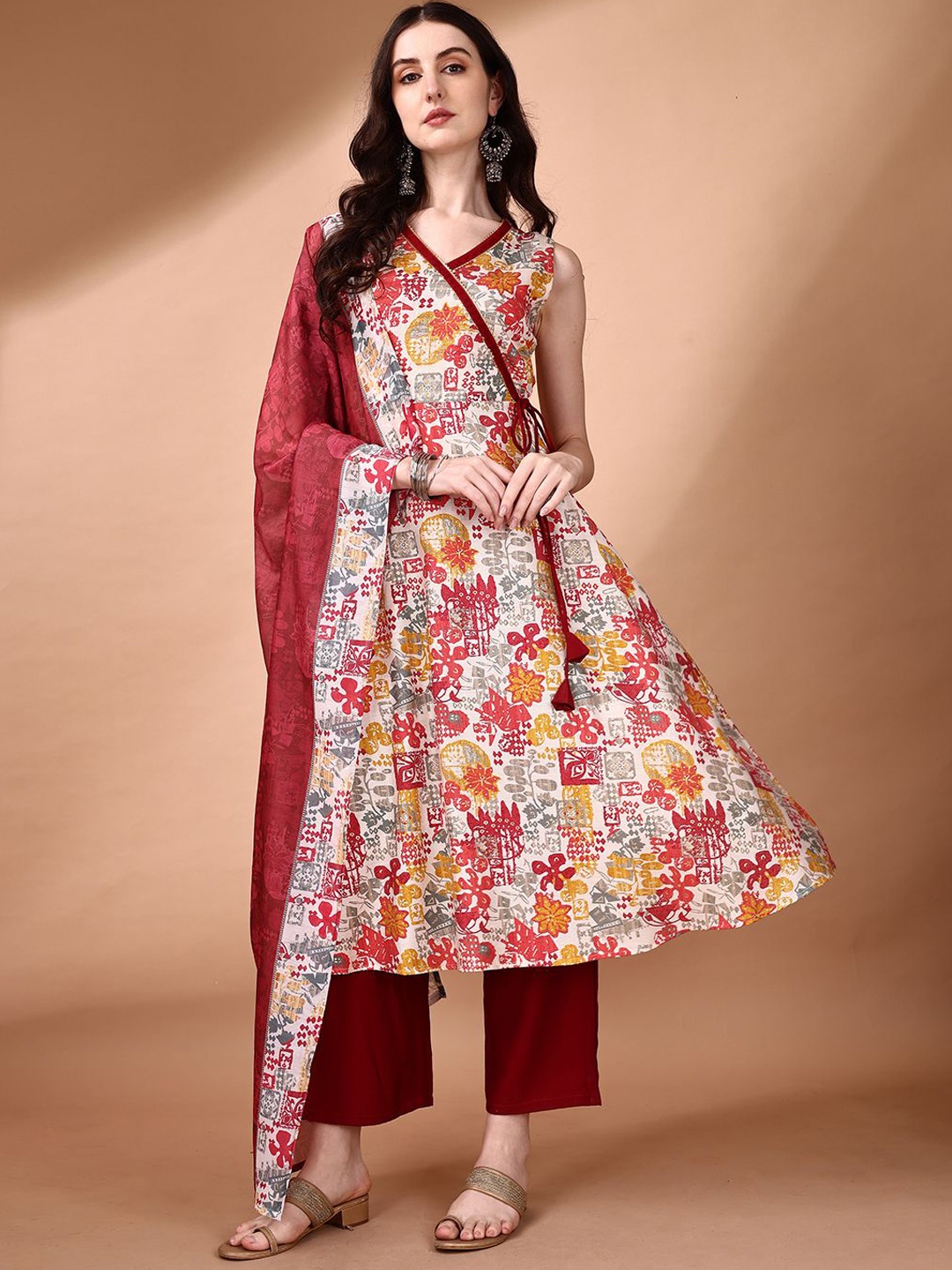 

KALINI Ethnic Motifs Printed Angrakha Anarkali Kurta with Palazzos & Dupatta, Red