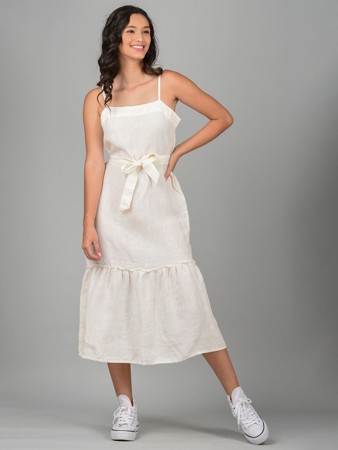 

Linen Options Solid Shoulder Straps A-Line Midi Dress, Off white